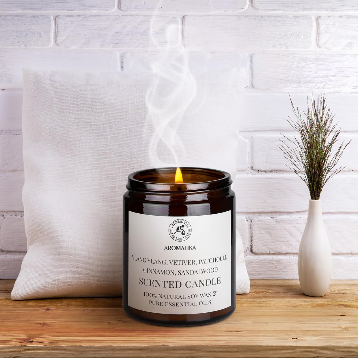 AROMATIKA Scented Soy Candle with Essential Oils โ Ylang-ylang, Vetiver, Patchouli, Cinnamon & Sandalwood | 150g, 45h Burn