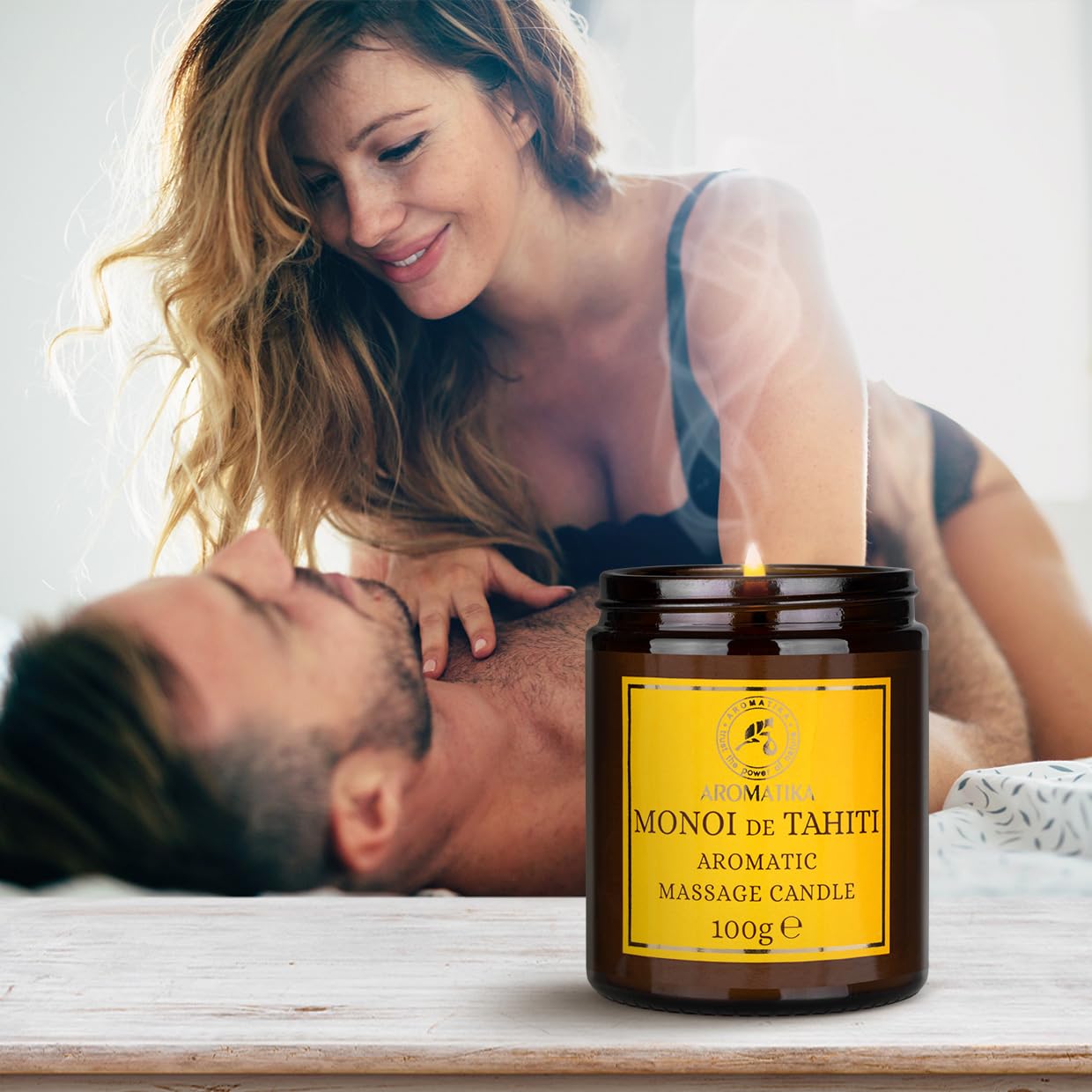 AROMATIKA Scented Massage Candle Monoi de Tahiti β Soy Wax, Coconut & Almond Oils, 3.5 oz