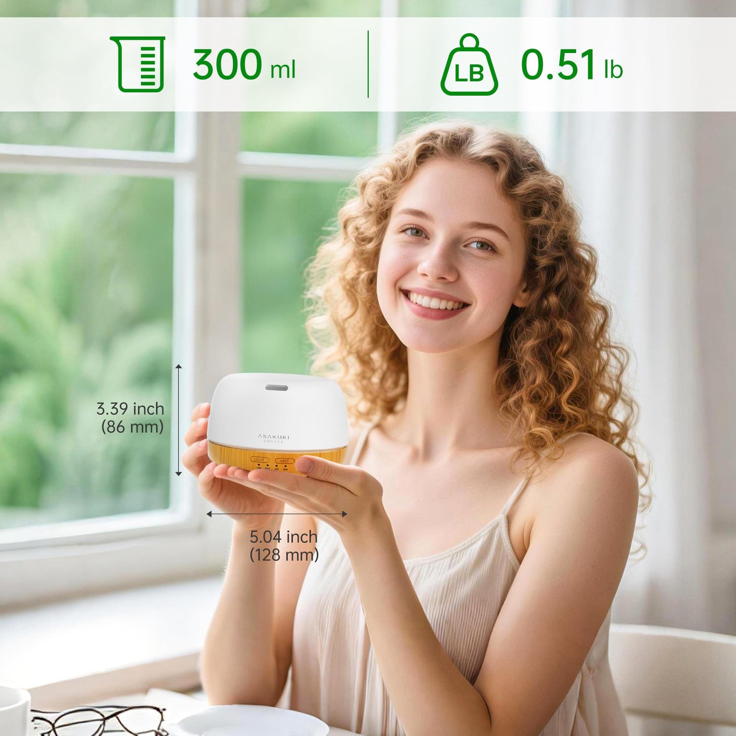 ASAKUKI 300ml Essential Oil Diffuser โ Ultrasonic Humidifier with 7 Color Lights and 2 Mist Modes