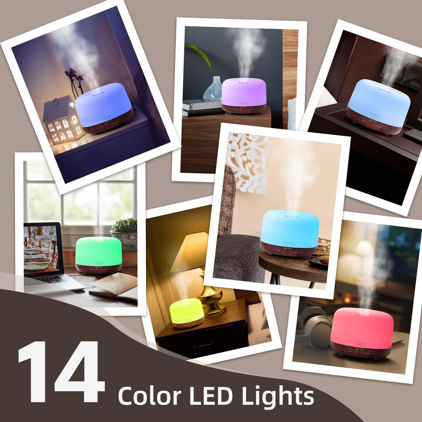 ASAKUKI 500ml Essential Oil Diffuser โ Reddish-Brown, 7-Color LED, Auto-Off
