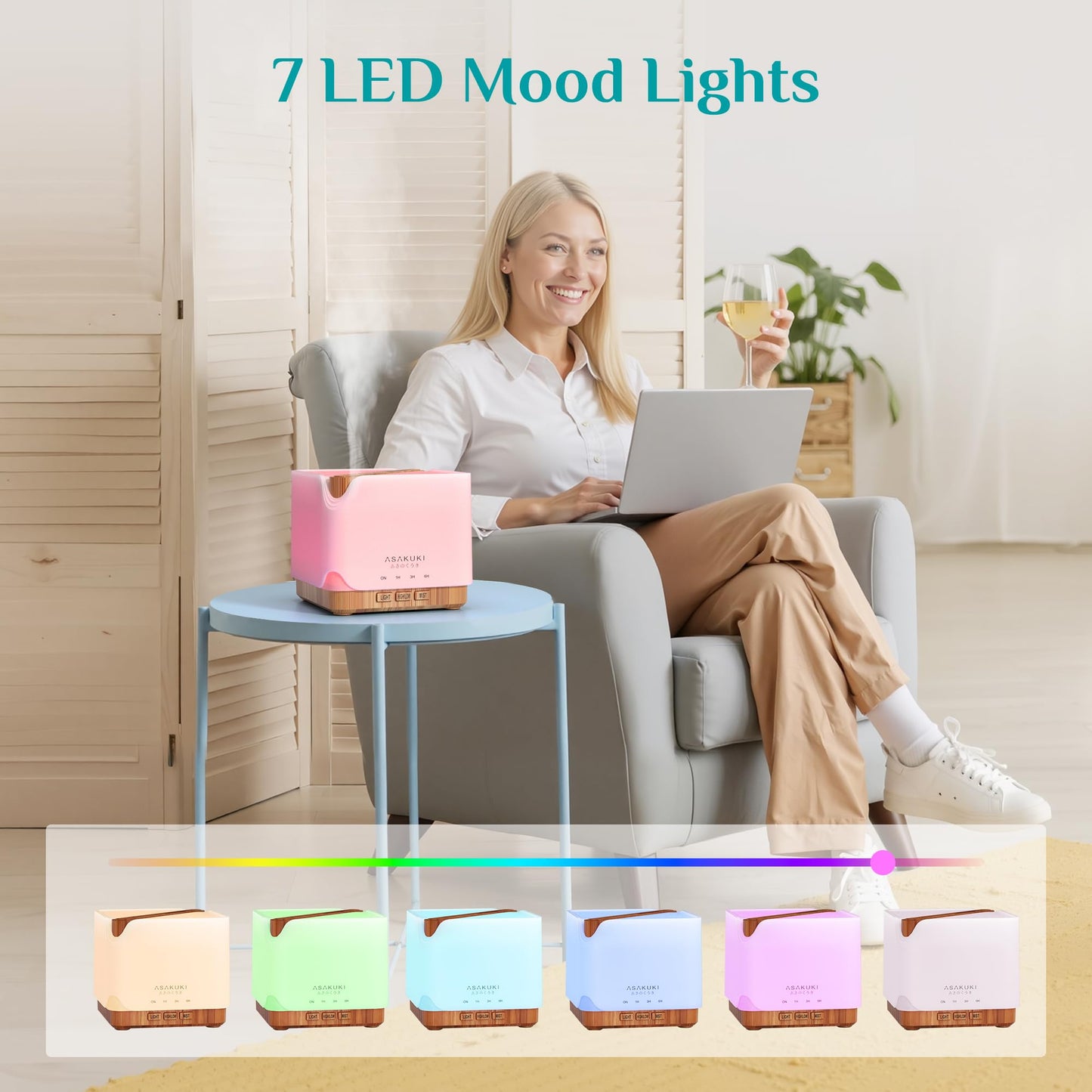 ASAKUKI Essential Oil Diffuser 700ml โ Ultrasonic Humidifier with Top 6 Oils, 7 LED Colors, Timer & Auto-Off | Large Room Diffuser
