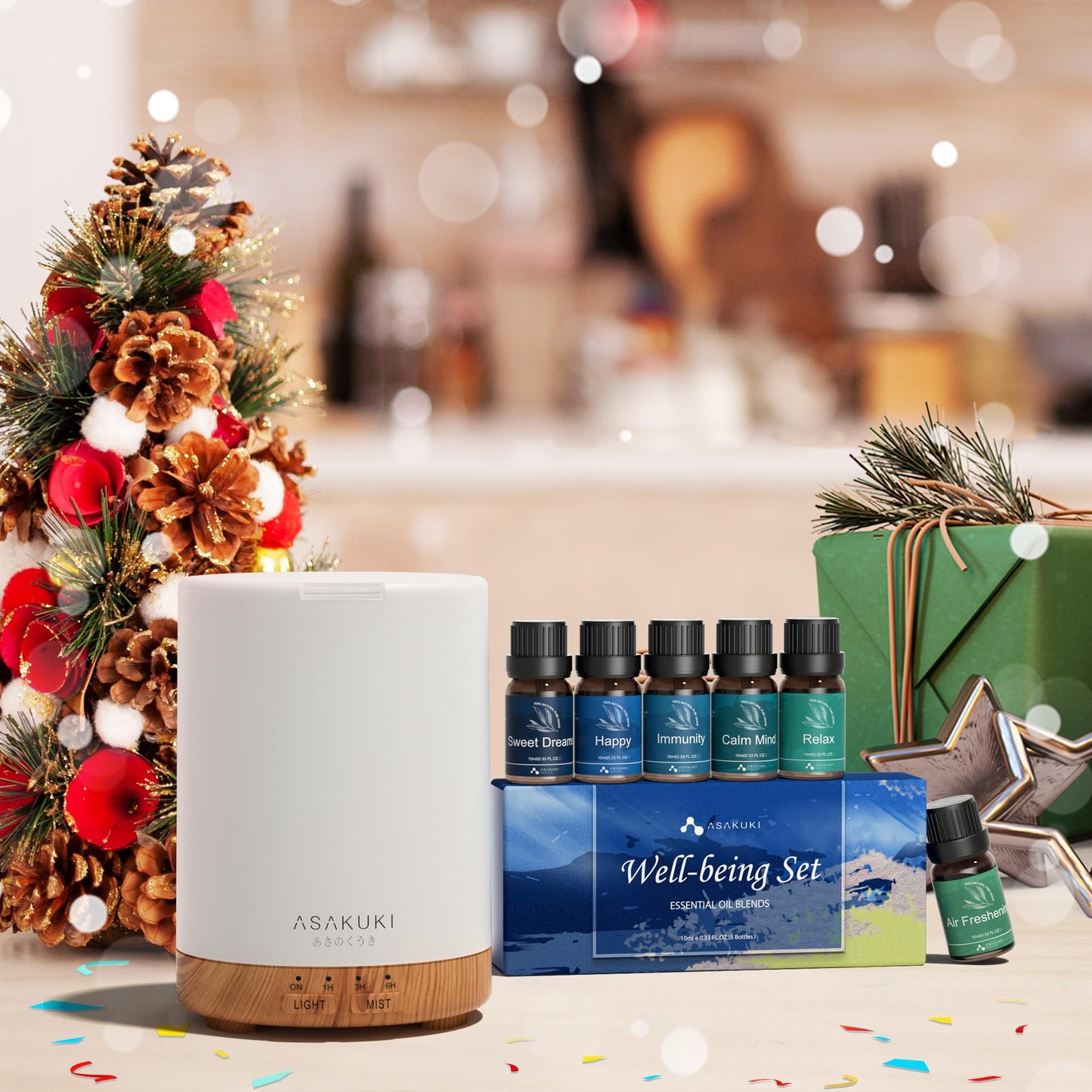 ASAKUKI Essential Oil Diffuser โ 300ml Brown, 6 Oils, Auto-Off, 7 LED Colors