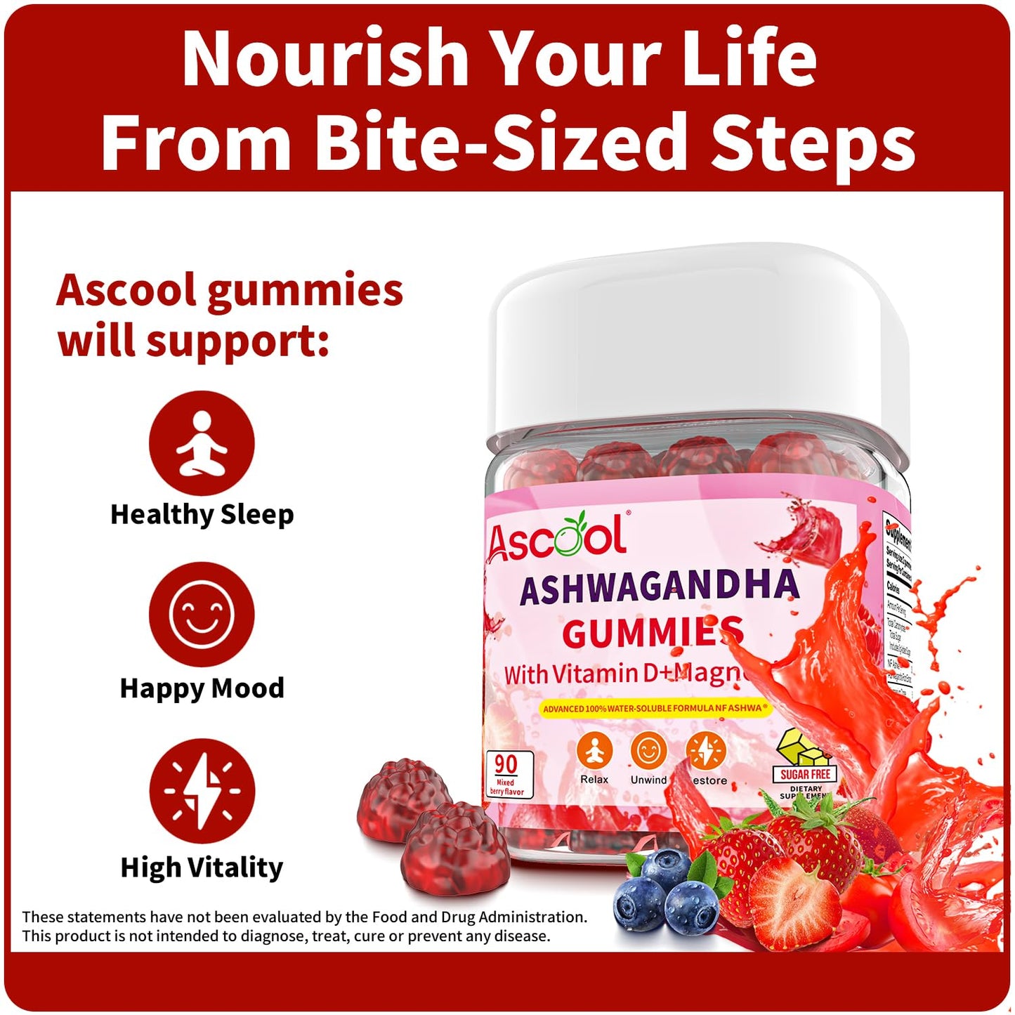 Ascool Sugar-Free Vegan Ashwagandha Gummies โ Water-Soluble Root Extract + Vitamin D & Magnesium