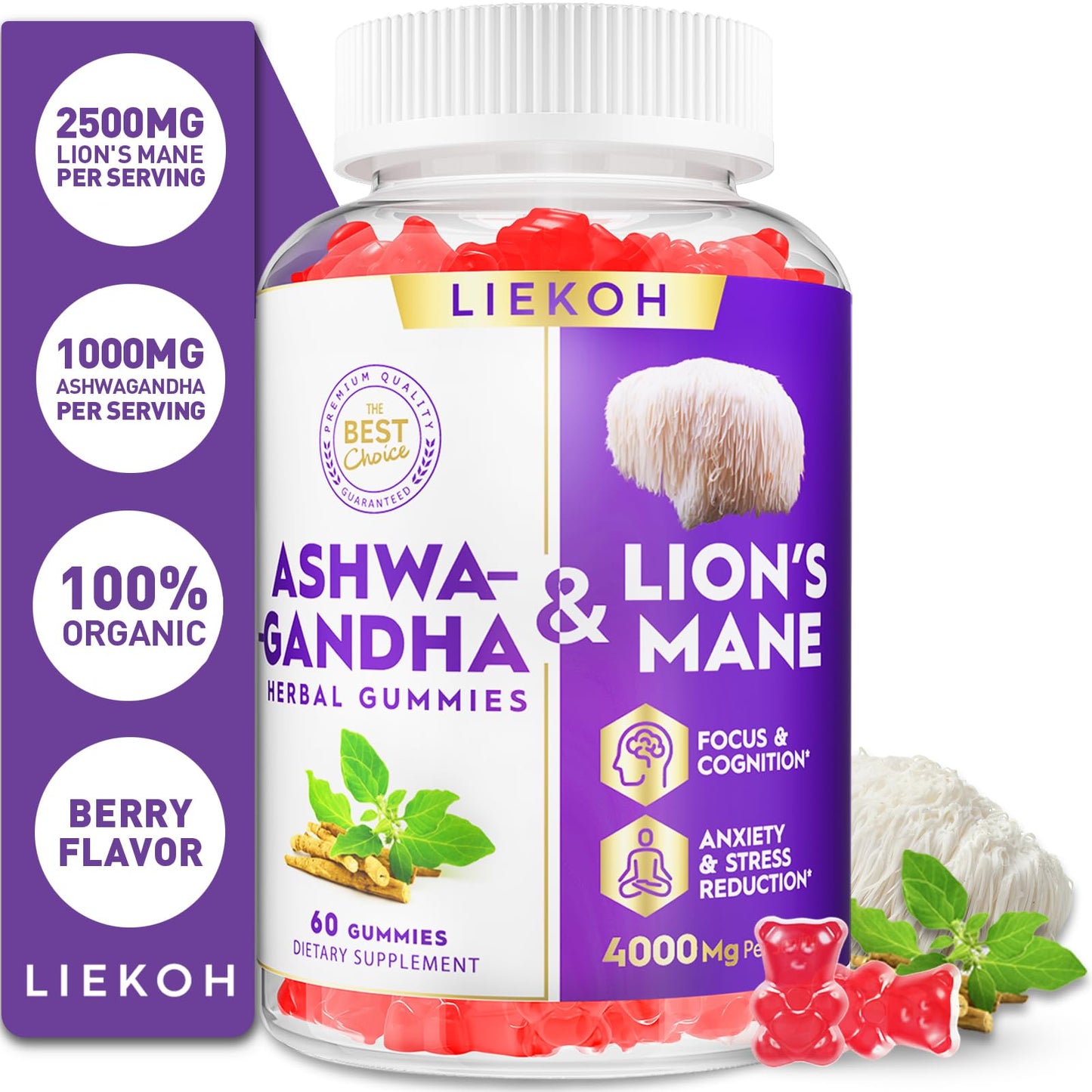 Ashwagandha Gummies with Organic Ashwagandha & Lion's Mane โ Berry Flavor, 60 Count