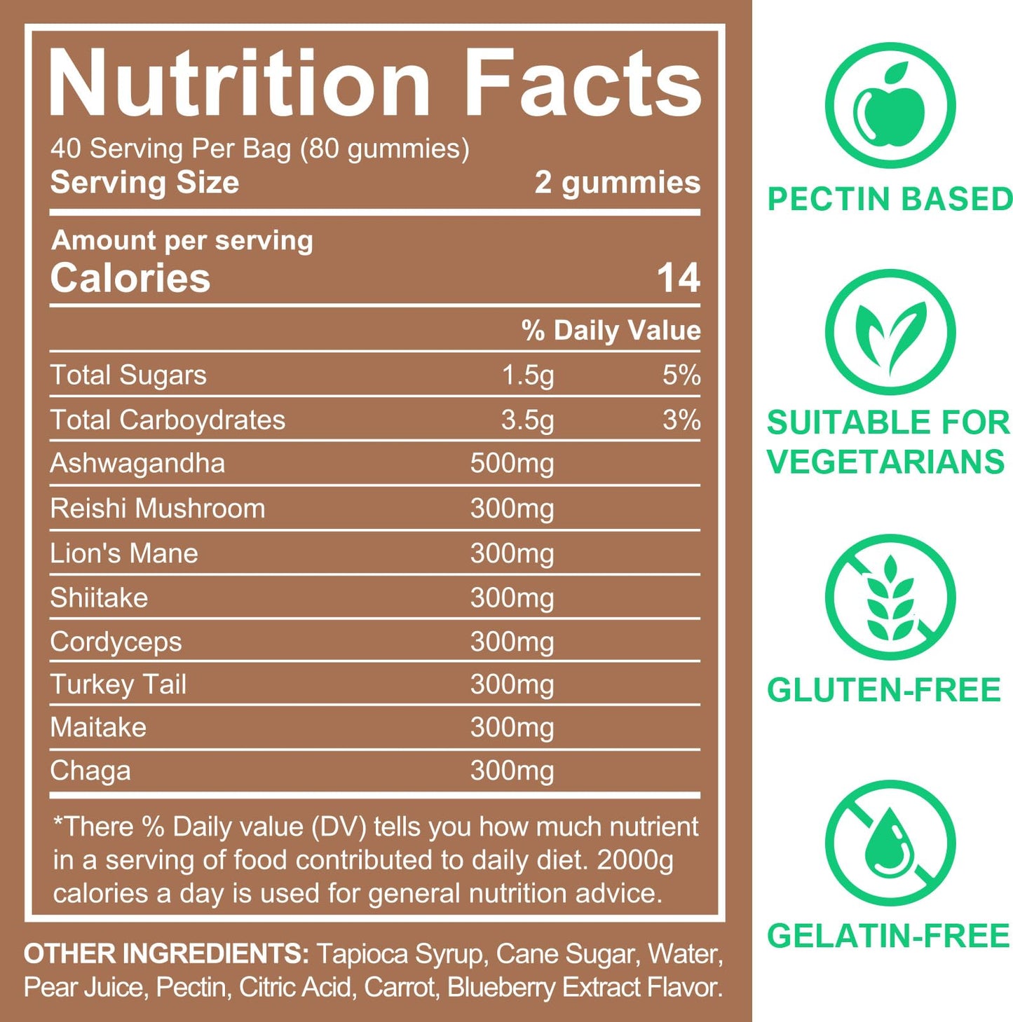 Ashwagandha Gummies with Super Mushroom Blend โ Immune Support & Focus (Vegan, 80 Ct)