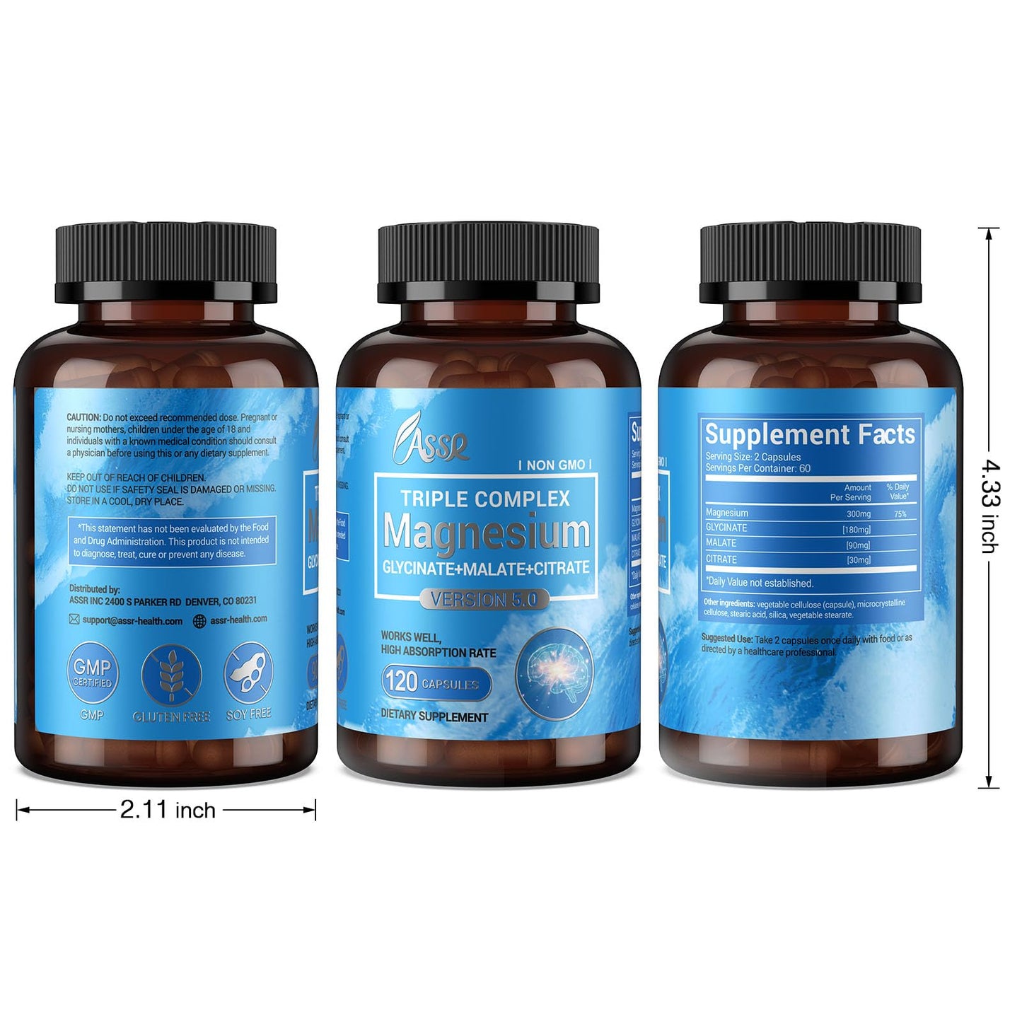 ASSR Triple Magnesium Complex – 300mg Mg (Glycinate, Malate & Citrate) | Supports Relaxation, Muscle & Nerve Health | Vegan, Non-GMO | 120 Capsules