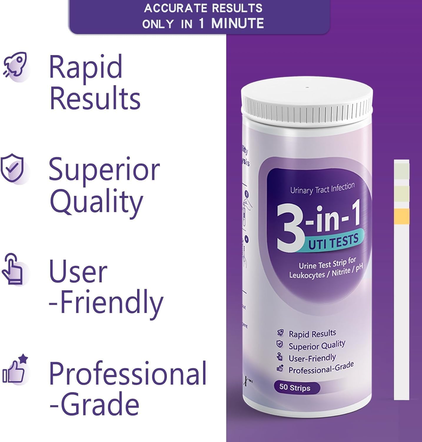 AssuTest UTI Test Strips โ 3-in-1 At-Home Urinary Tract Infection Detection (50ct)