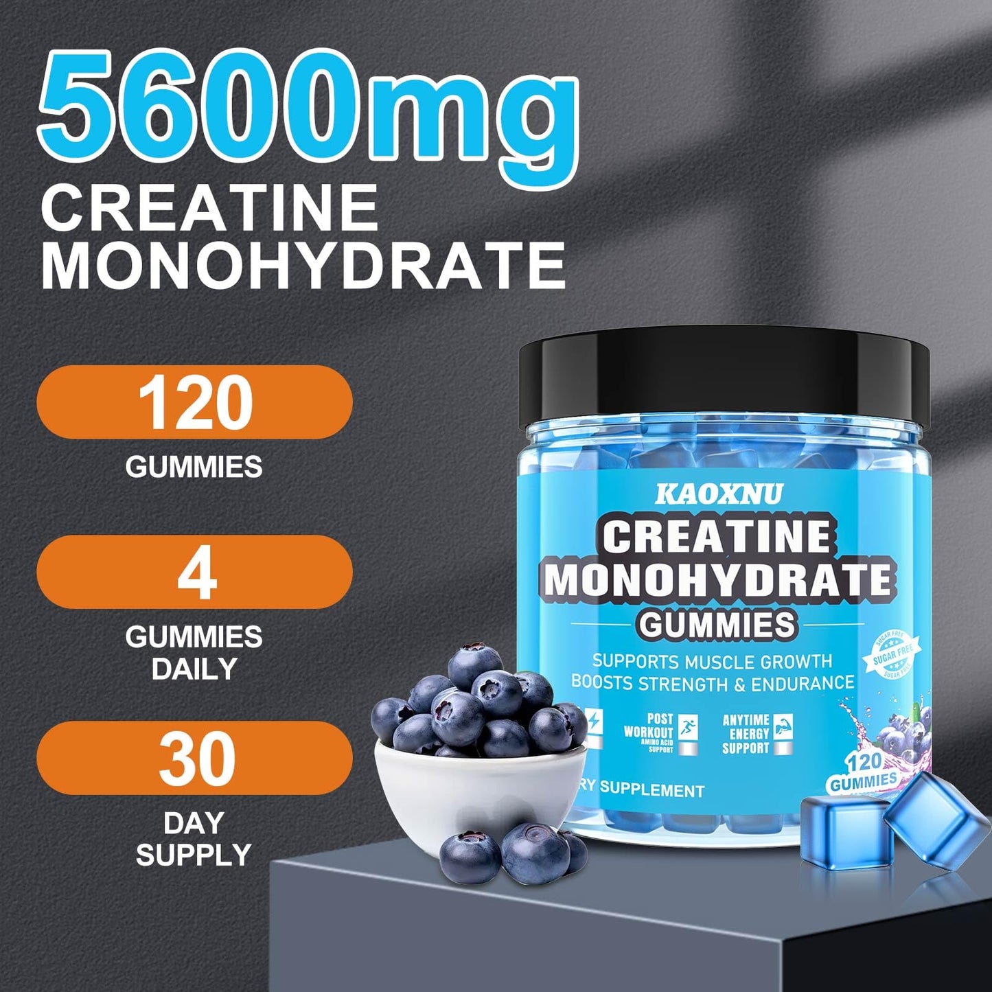 Creatine Monohydrate Gummies 5600mg โ 120 CT, Sugar Free, Blueberry Flavor, For Men & Women