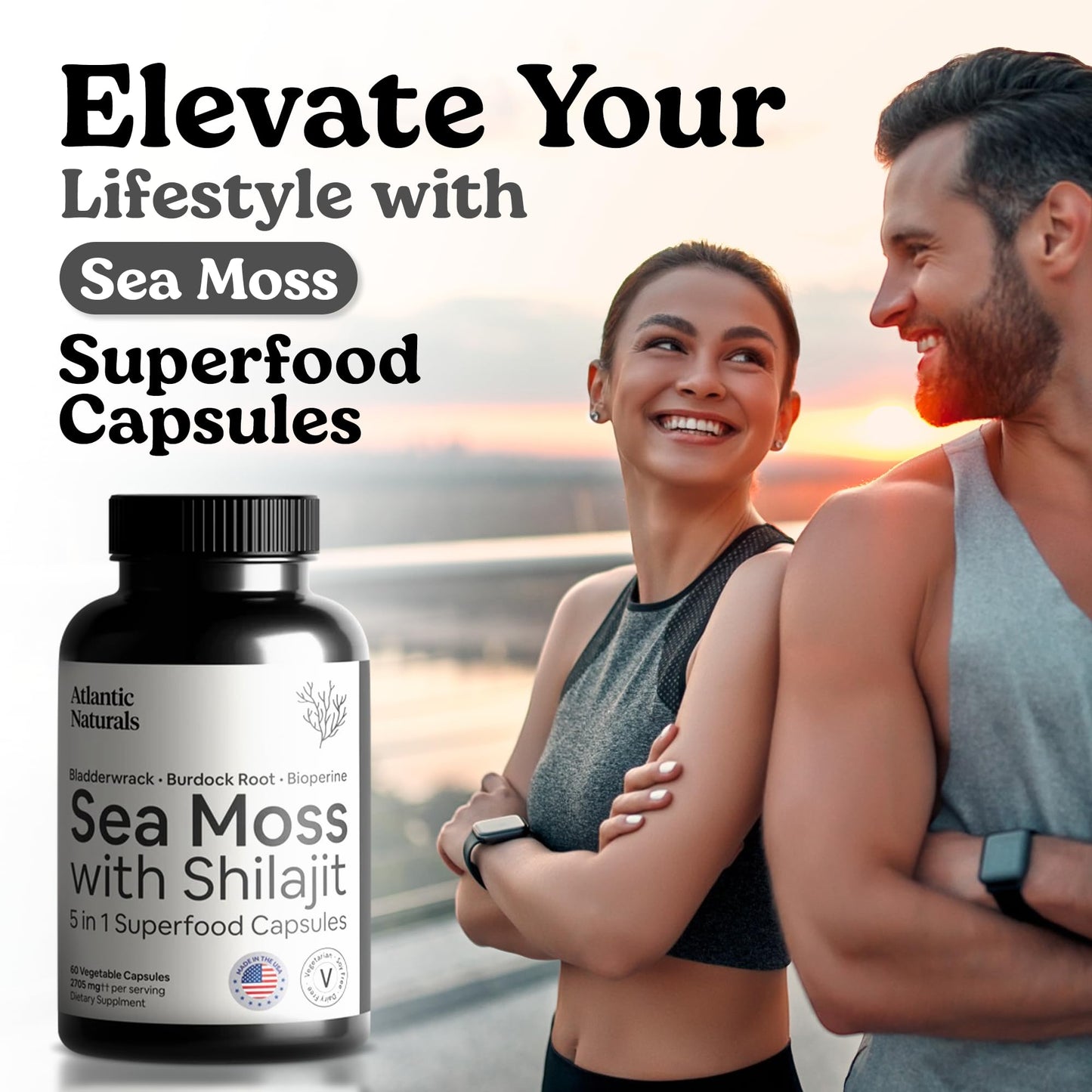 Atlantic Naturals Sea Moss + Shilajit Capsules โ 5-in-1 Blend with Bladderwrack, Burdock Root & Black Pepper (60 ct, 2705 mg)