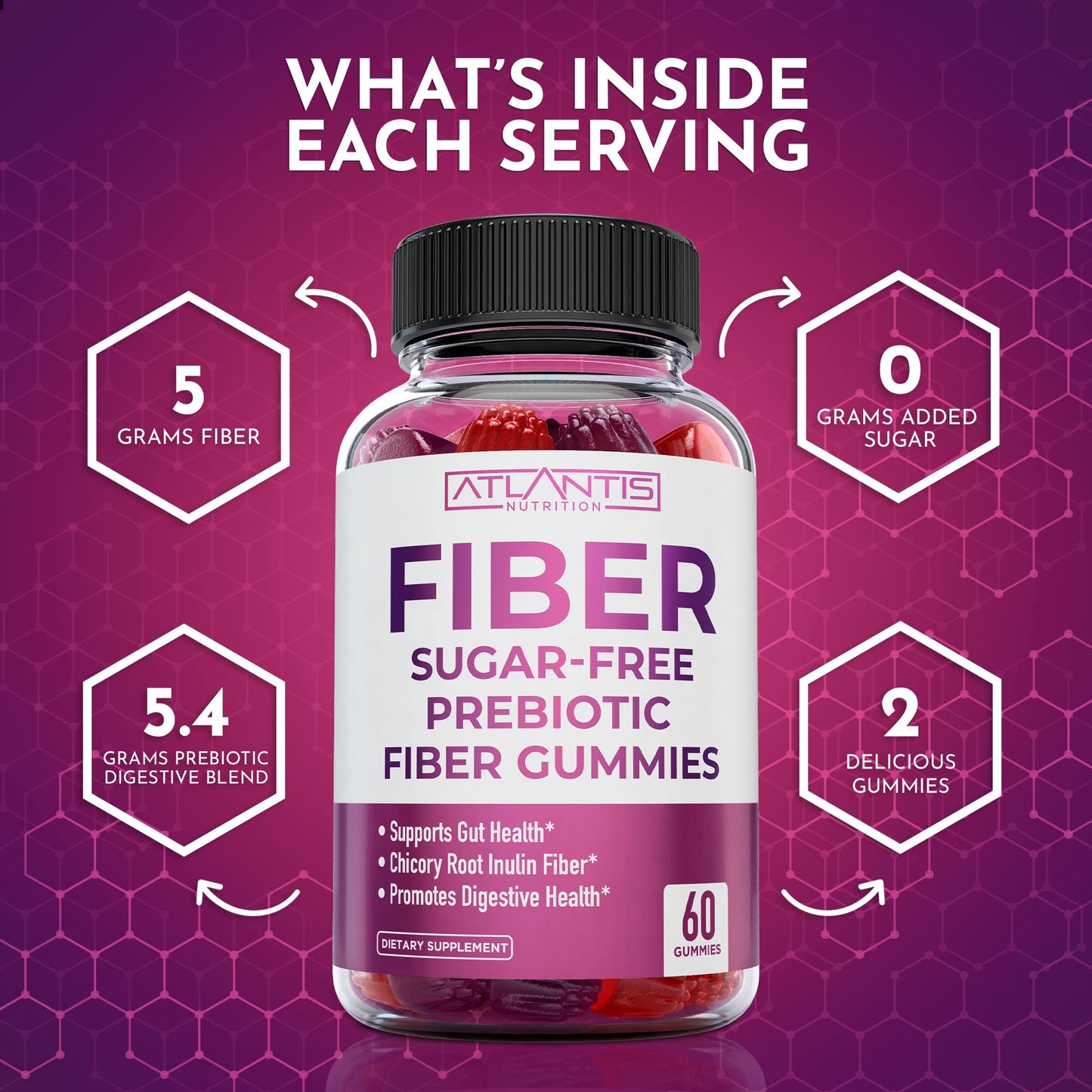 Atlantis Nutrition Sugar Free Fiber Gummies for Adults โ 5G Fiber + 5.4G Prebiotic Digestive Blend (2-Pack, 120 Gummies)