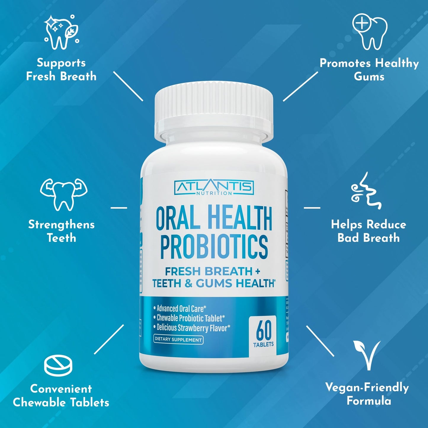 Atlantis Nutrition Oral Probiotics Chewable Tablets – 3 Billion CFU, Strawberry Flavor, Gum & Teeth Care