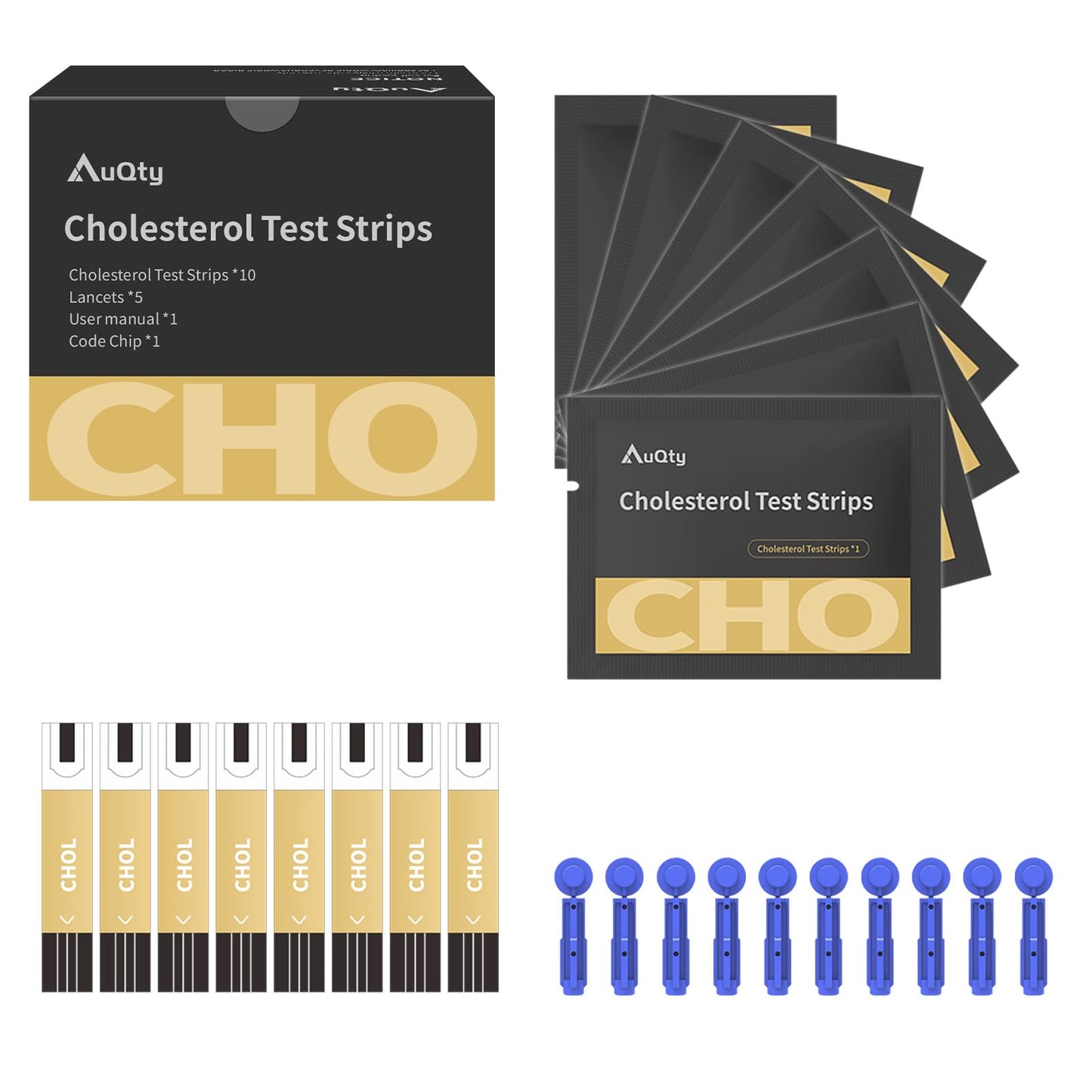 AuQty GUC-B01 Cholesterol Test Strips โ 10Pcs + 10 Lancets (Meter Not Included)