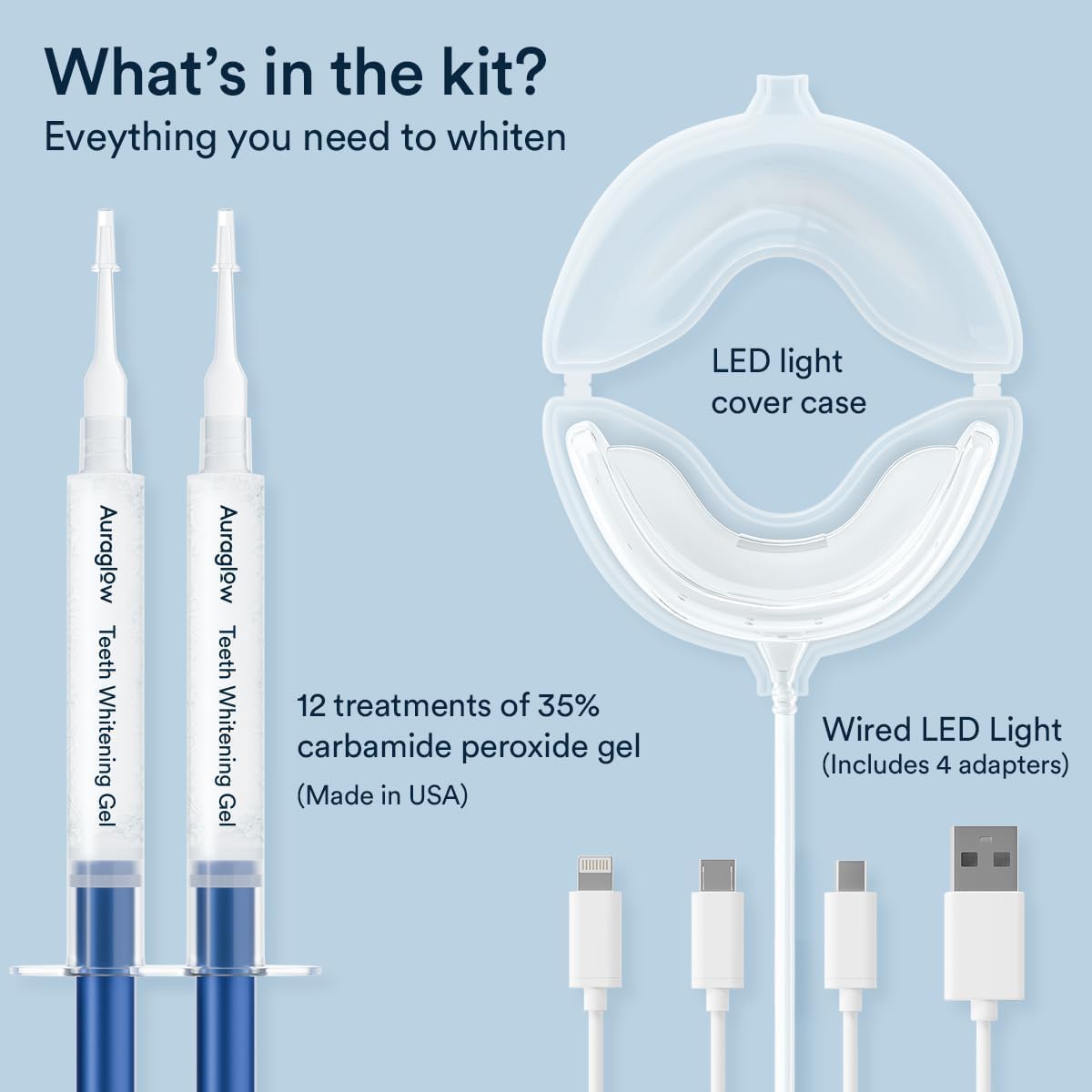 Auraglow Teeth Whitening Kit โ Wired LED Accelerator Light, 35% Carbamide Peroxide, 12 Treatments, Whitens Up to 10 Shades in 7 Days