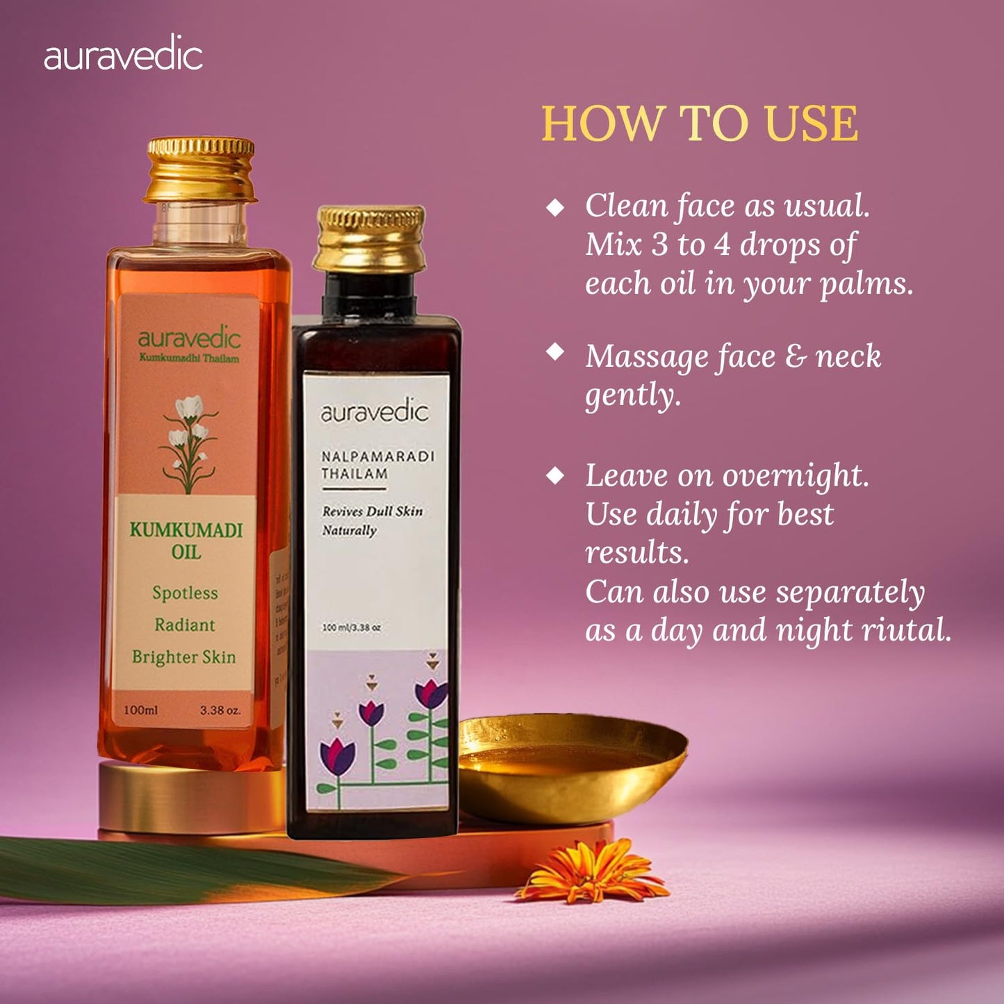 Auravedic Kumkumadi & Nalpamaradi Thailam Combo β Ayurvedic Face & Body Oil (3.38 oz, Pack of 2)