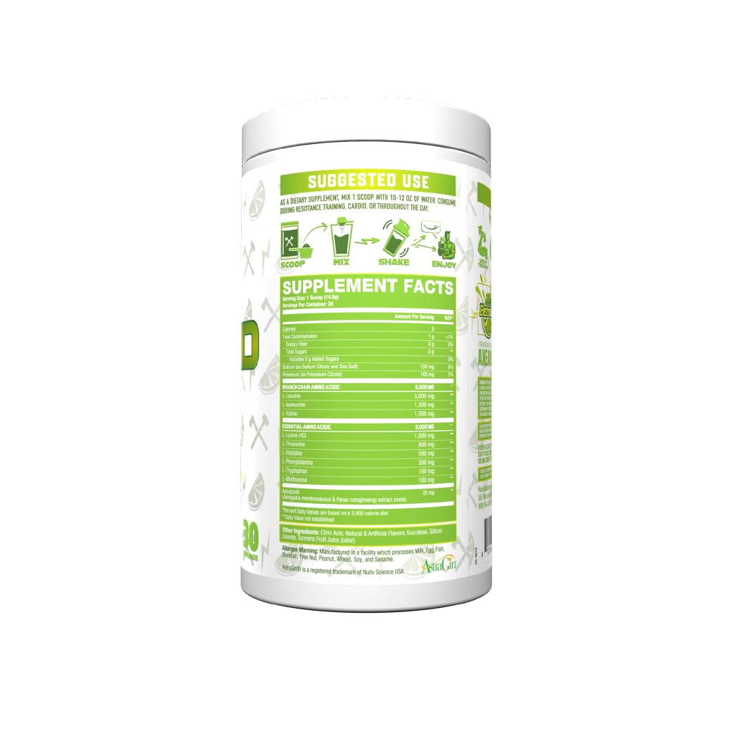 Axe & Sledge The Grind Essential Amino Acids | EAA & BCAA Powder β Stimulant-Free, Vegan, Sour Electric Lime, 30 Servings