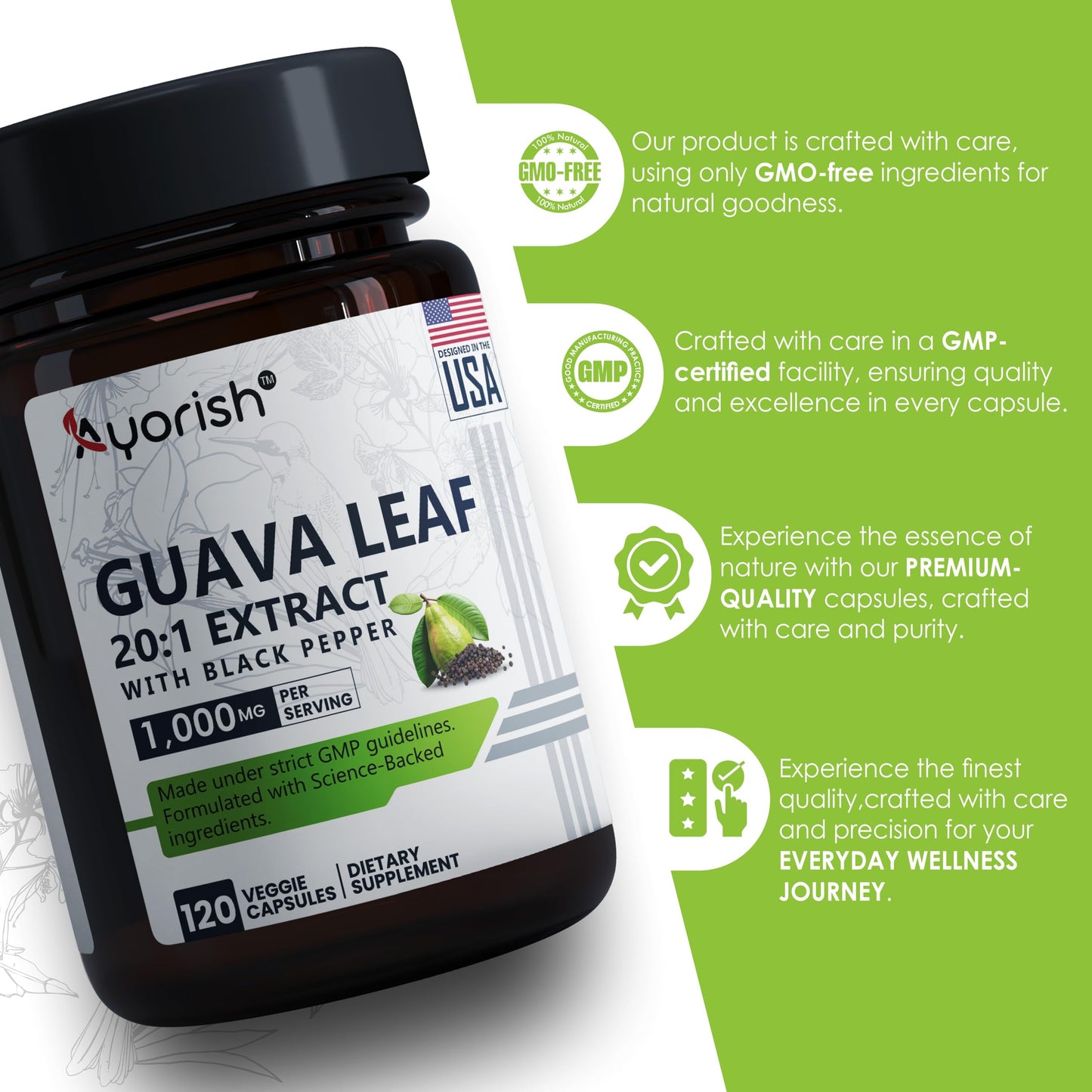 Ayorish Guava Leaf Extract 1000mg (20:1) with Piperine β 120 Veggie Caps (60-Day Supply)