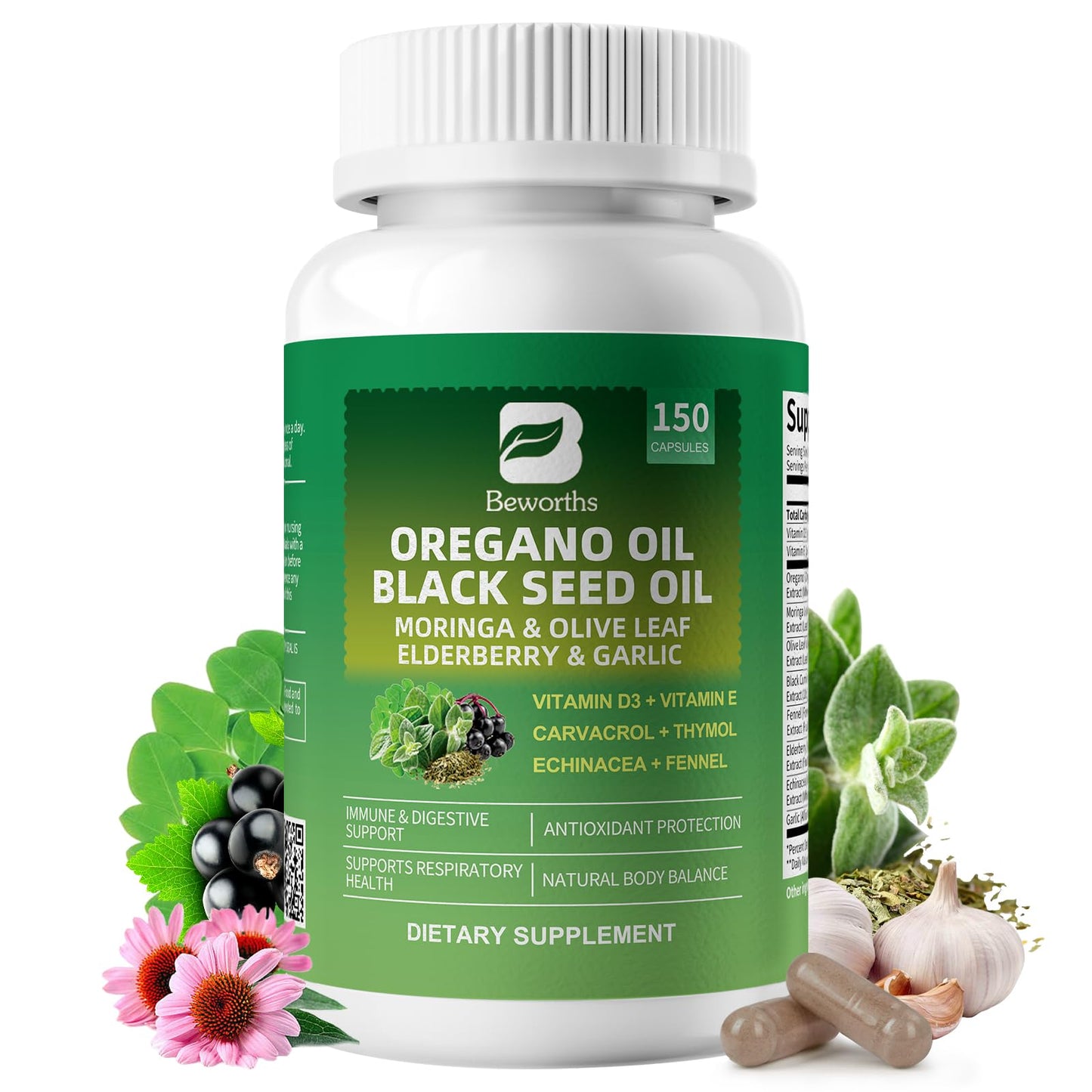 B BEWORTHS Oil of Oregano with Black Seed Oil โ Carvacrol Oregano Oil Capsules for Immune & Digestive Support