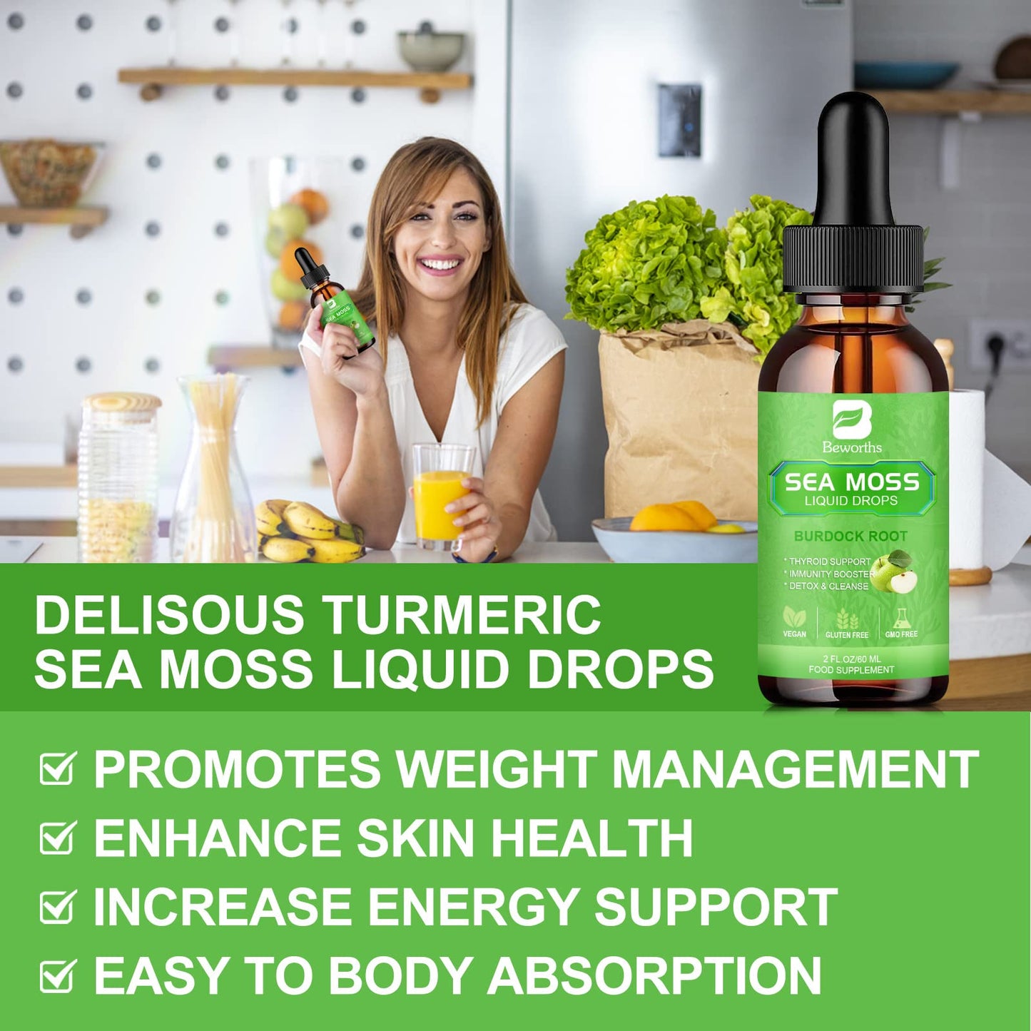 B BEWORTHS Sea Moss Liquid Drops โ Organic Irish Sea Moss Gel with Burdock & Vitamins | 2 Fl Oz