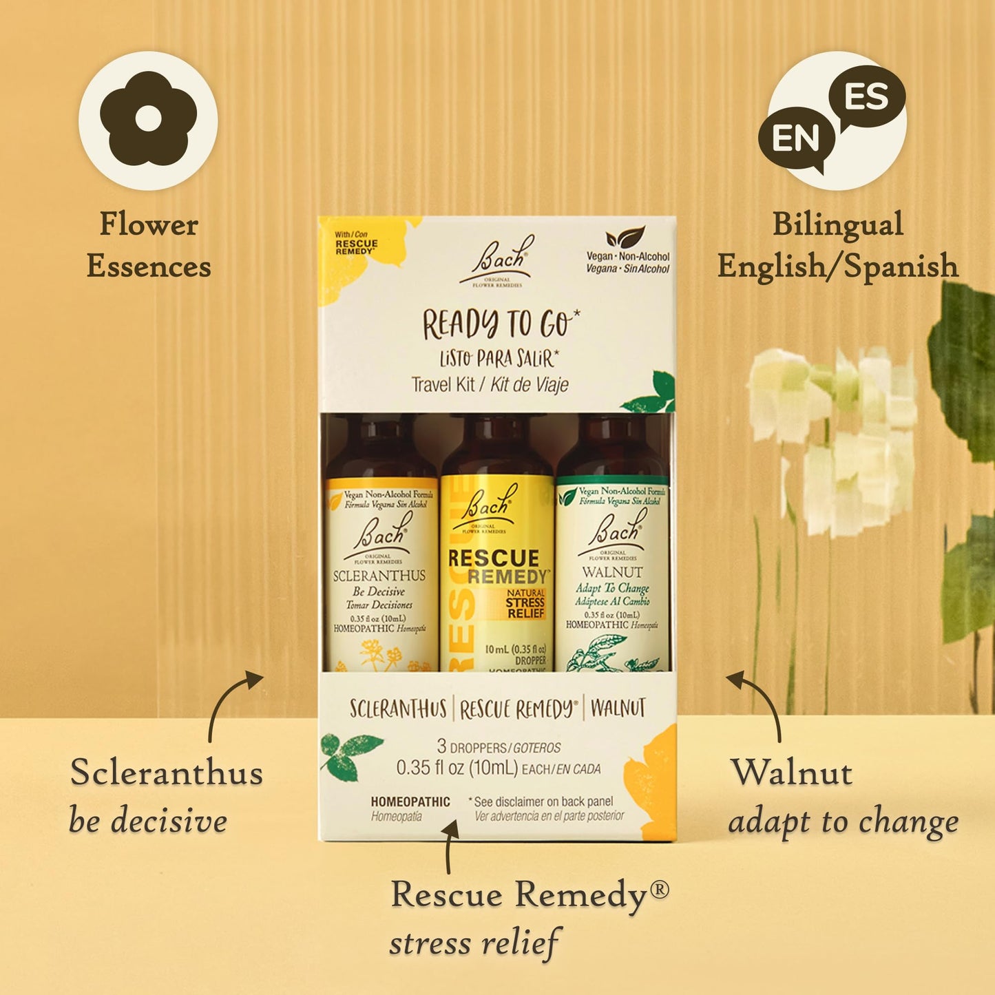 Bach Original Flower Remedies Ready To Go Trio Kit โ Travel Stress (Non-Alcohol, Vegan) โ 3 x 10mL