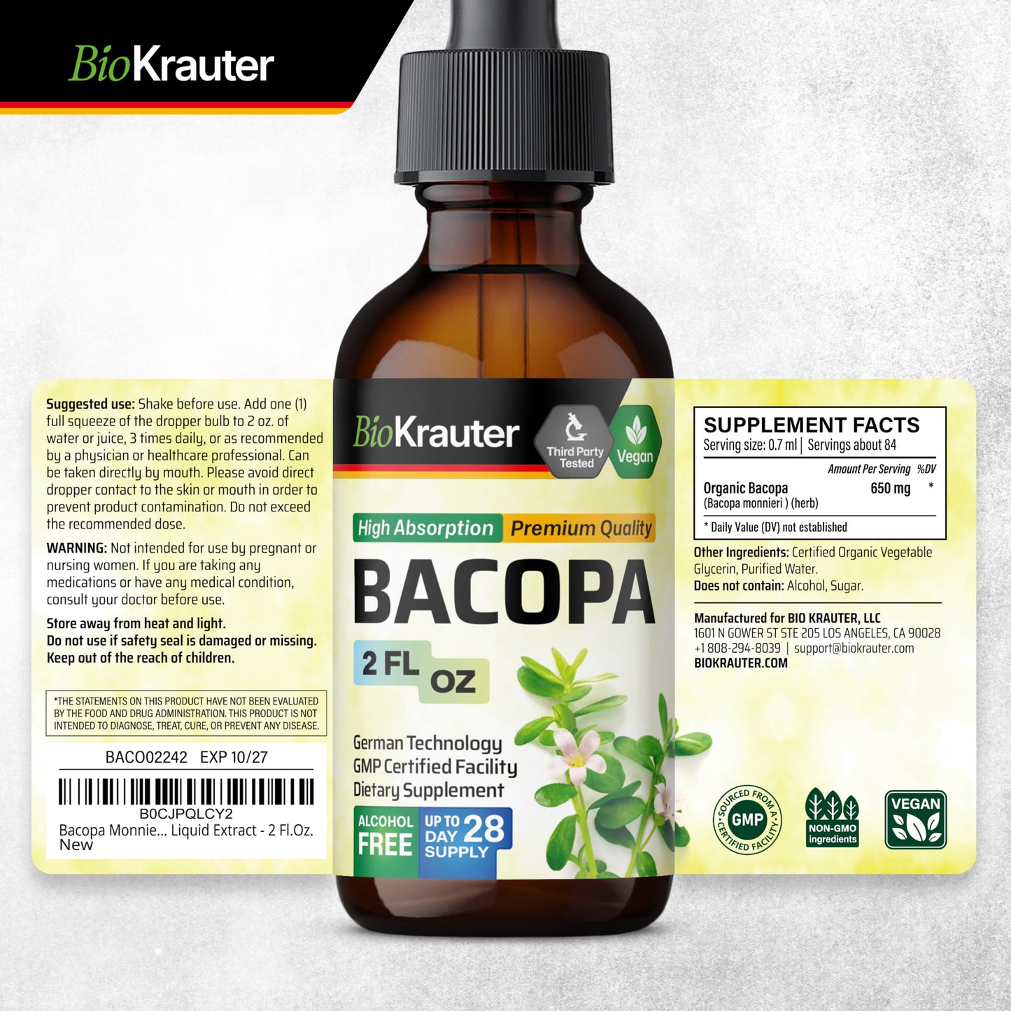 BIO KRAUTER Bacopa Monnieri Drops β Vegan Brahmi Brain Support 2 Fl Oz
