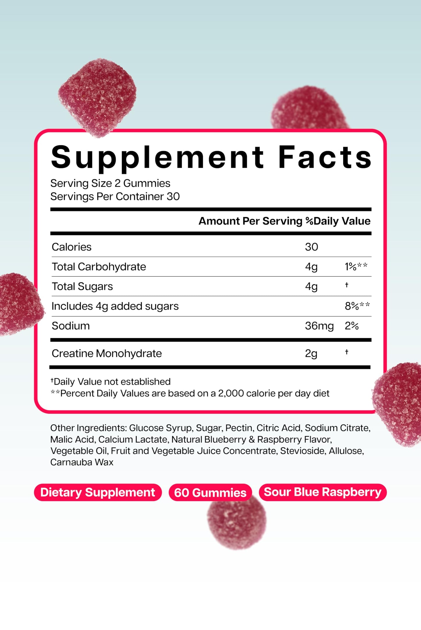 Baese Nutrition Creatine Monohydrate Gummies โ Sour Blue Raspberry, 2000mg