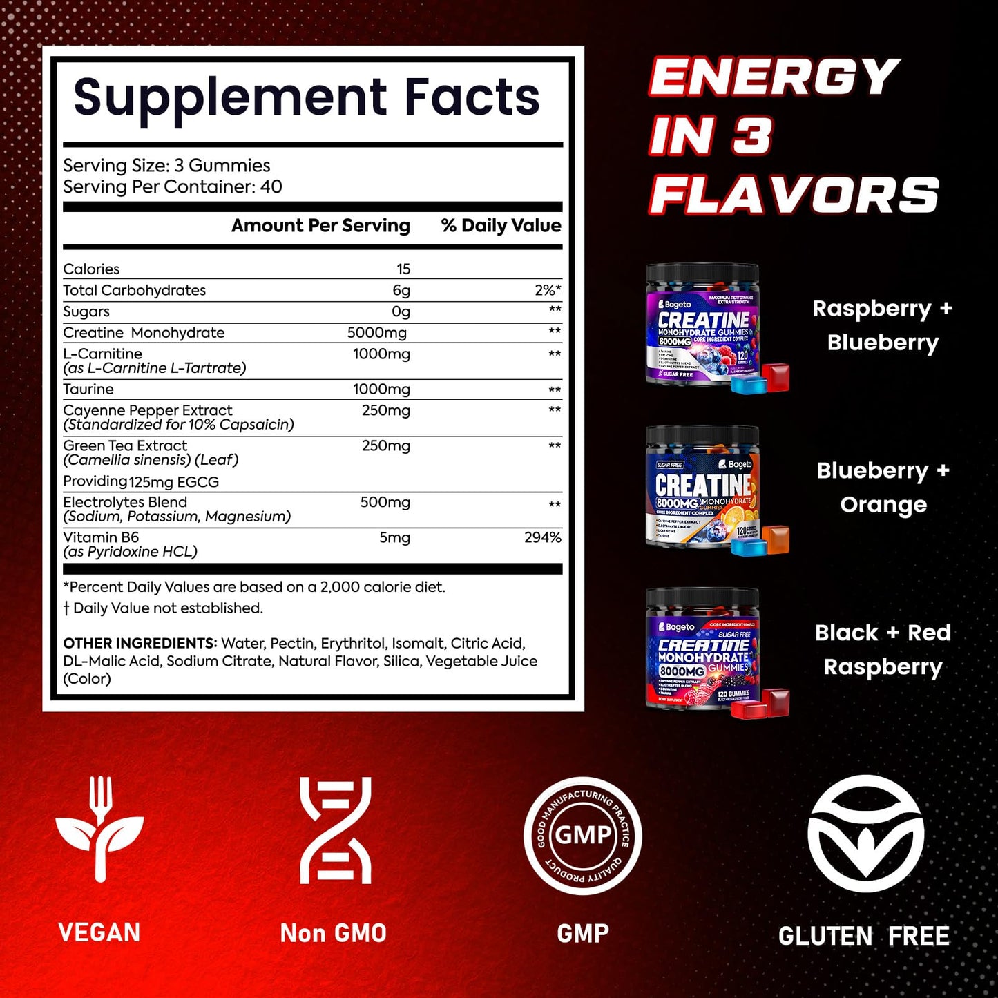 Bageto Creatine Monohydrate Gummies Complex 8000mg โ Berry Flavored Vegan Chewables (120 Gummies)