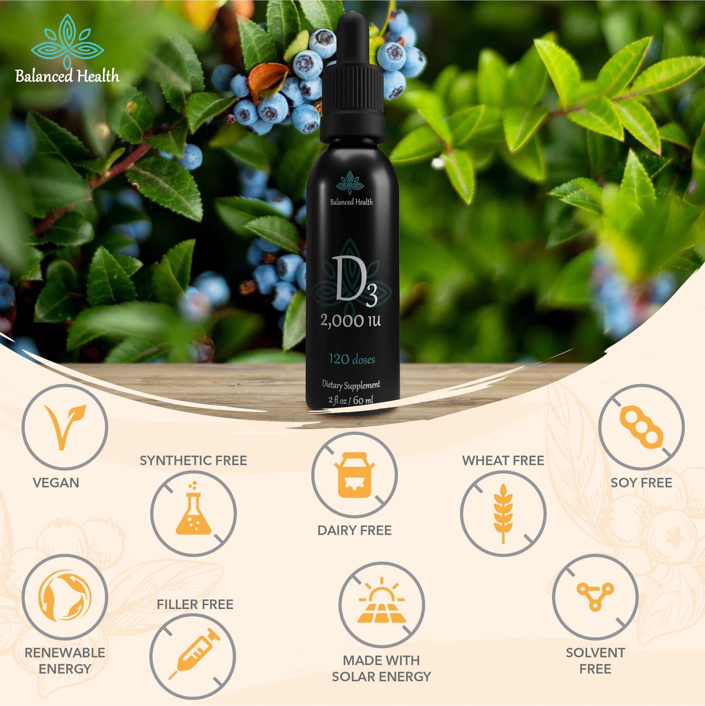 Balance Health D3 2000 IU Liquid Vitamin D Drops โ 2 oz, Blueberry Flavor, MCT Oil
