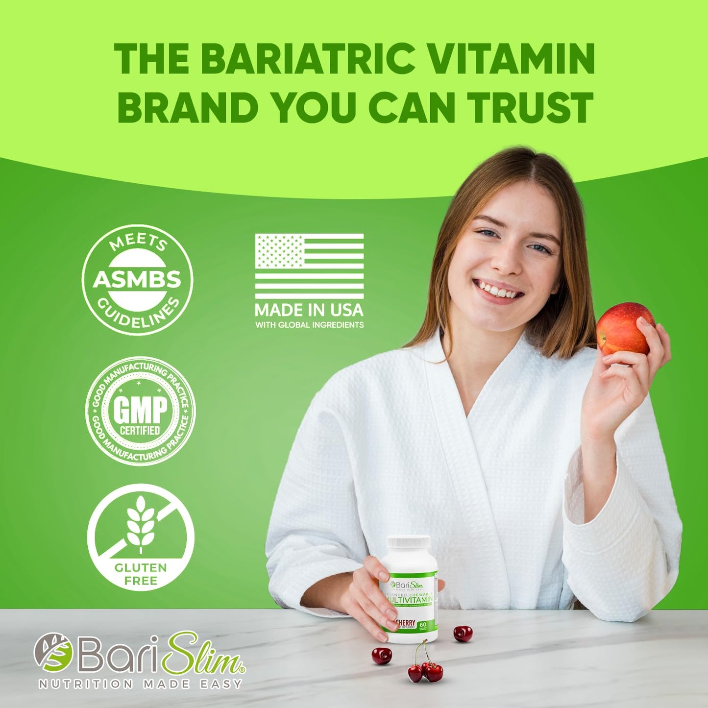 BariSlim Advanced Chewable Bariatric Multivitamins โ Post-Surgery Nutrition (Wild Cherry, 60 Count)