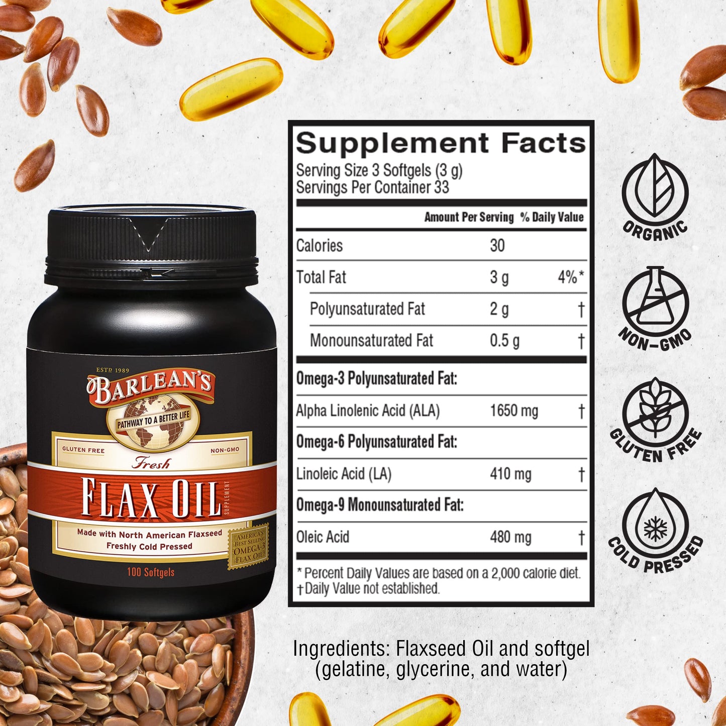 Barlean's Omega 3 6 9 Flaxseed Oil Softgels โ 1650 mg ALA, 100 Count
