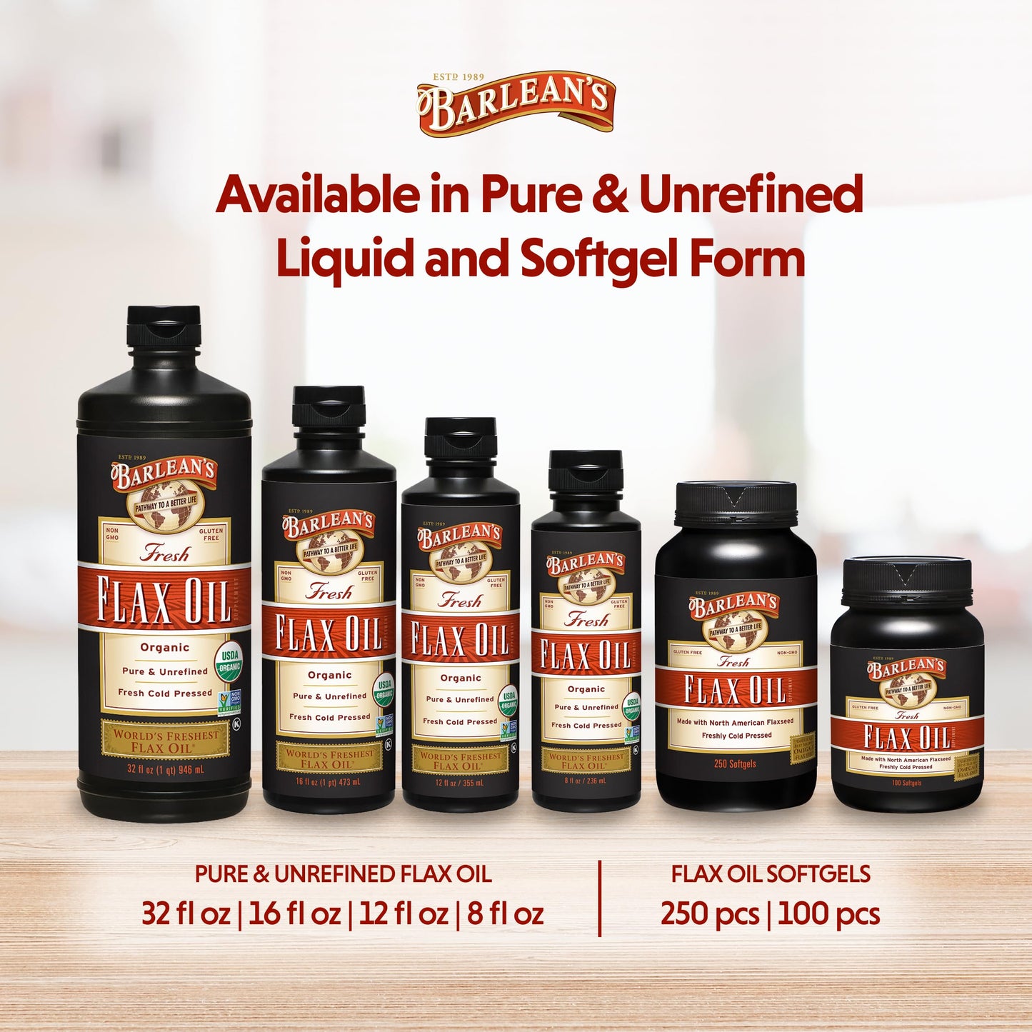 Barlean's Organic Flaxseed Oil Liquid Supplement β Cold-Pressed, 7,640 mg ALA Omega-3 per Tbsp, Vegan & Gluten Free, 32 oz
