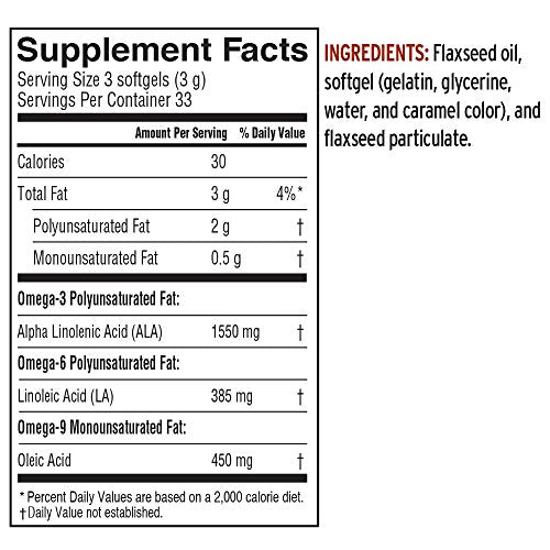 Barlean's Omega 3 6 9 Lignan Flaxseed Oil Softgels โ 100 Count | Cold-Pressed, 1550 mg ALA