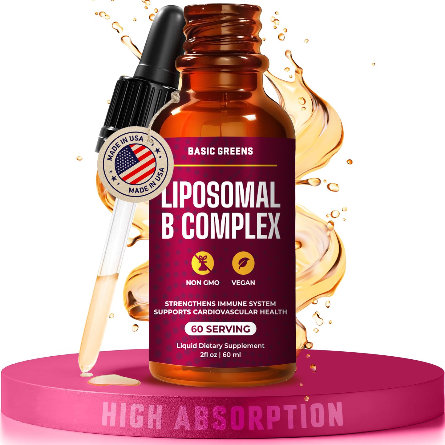 BASIC GREENS Liposomal B Vitamins Liquid โ High Absorption, Vegan, Non-GMO, 2 fl oz