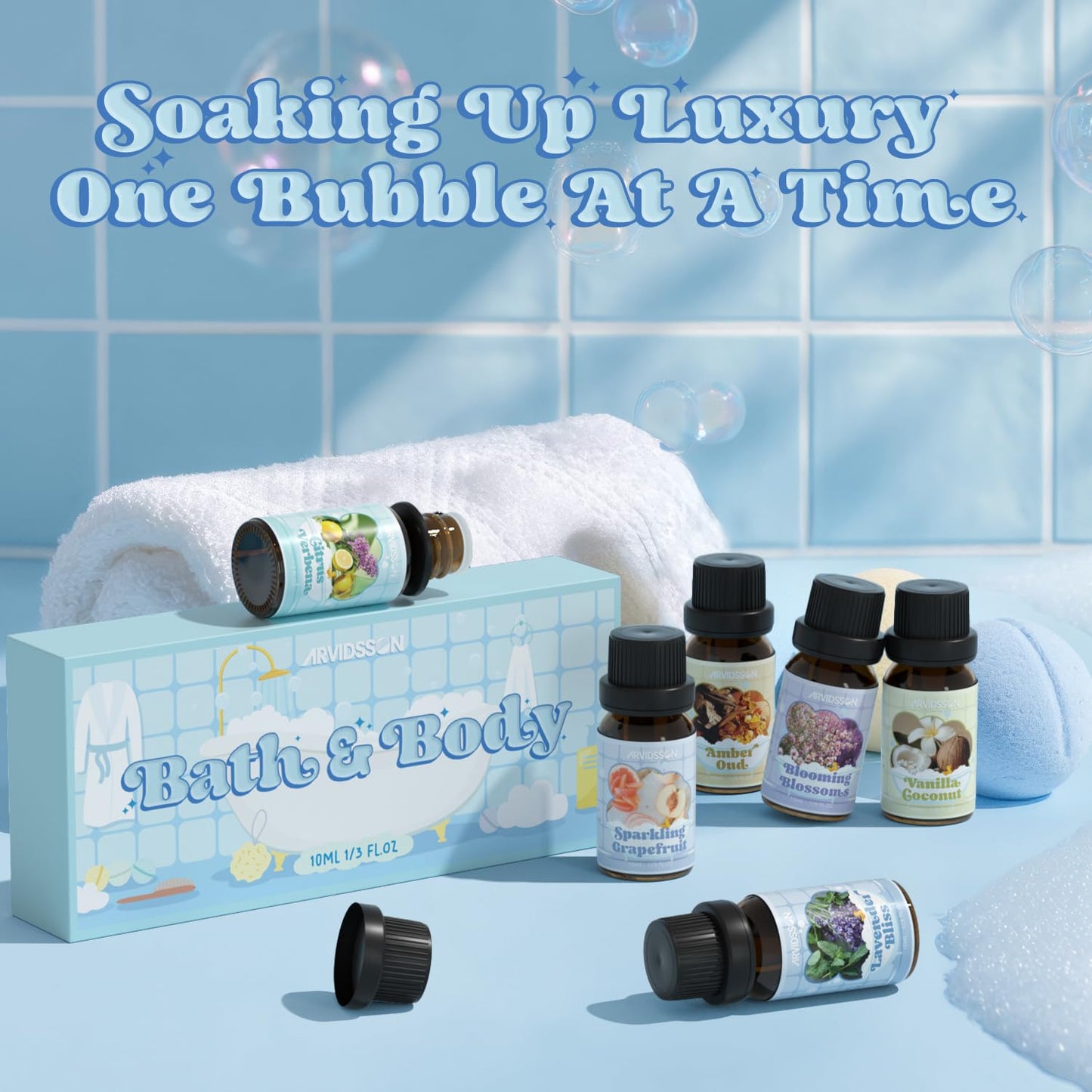 Bath Fragrance Oils Set by ARVIDSSON β Vanilla & Coconut, Lavender Bliss, Sparkling Grapefruit, Citrus Verbena, Amber Oud | Natural Spa Essential Oils for Diffuser, Soap & Candle Making