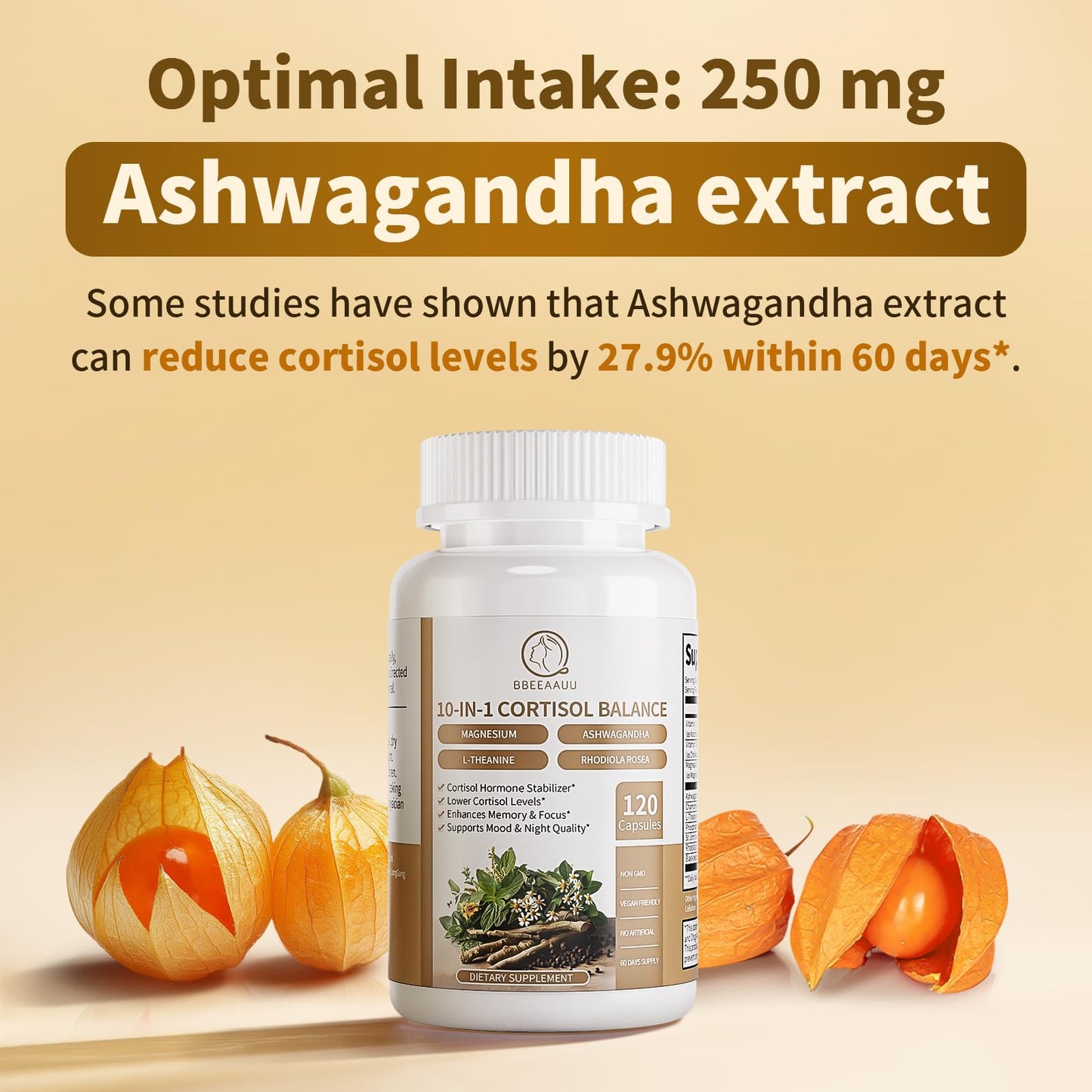 BBEEAAUU 10-in-1 Cortisol Reducer โ Ashwagandha & Magnesium, 120 Capsules