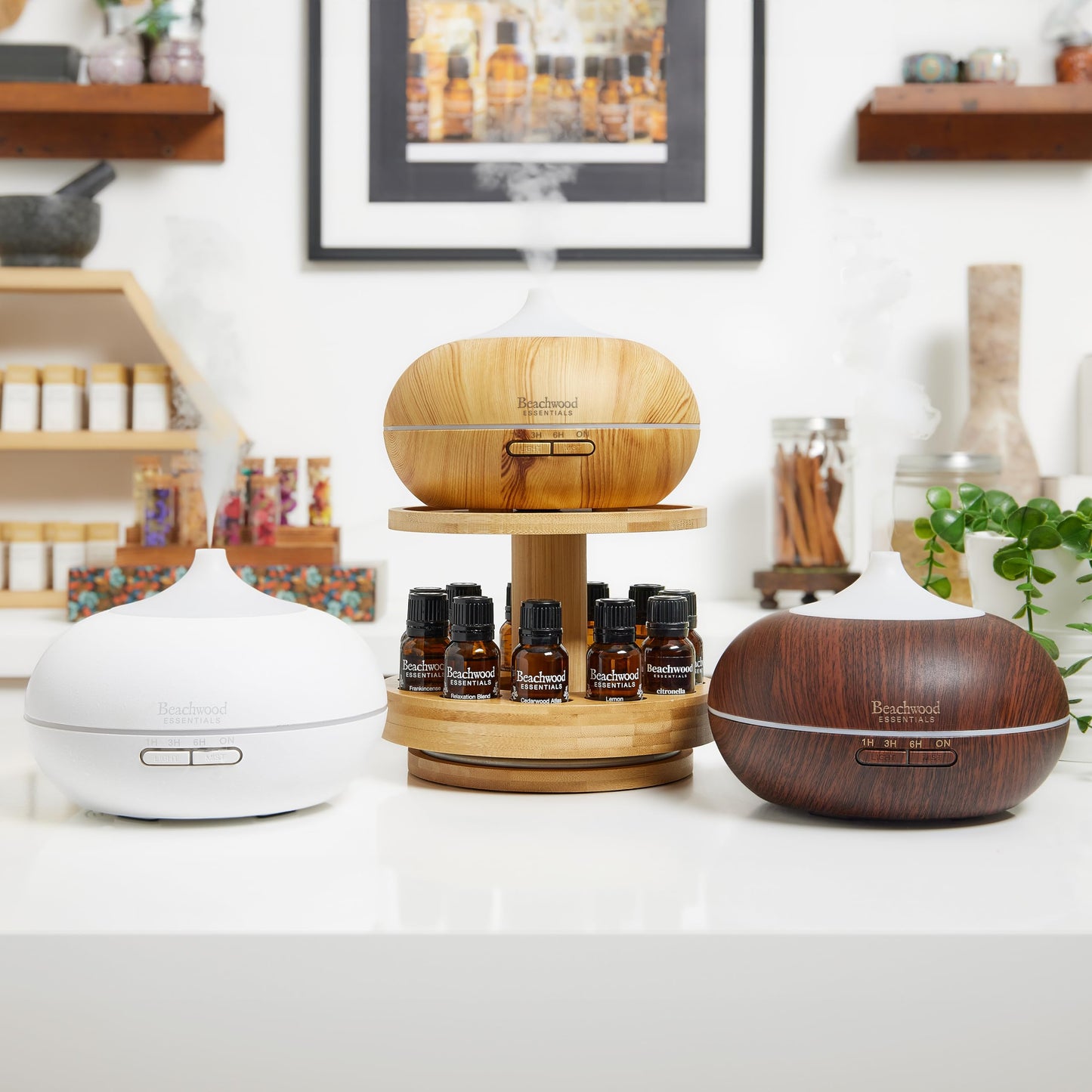 Beachwood Essentials Ultrasonic Aromatherapy Diffuser 300mL โ Therapeutic Grade, 16 Hours, 3-Timer, 7 Ambient Lights โ White