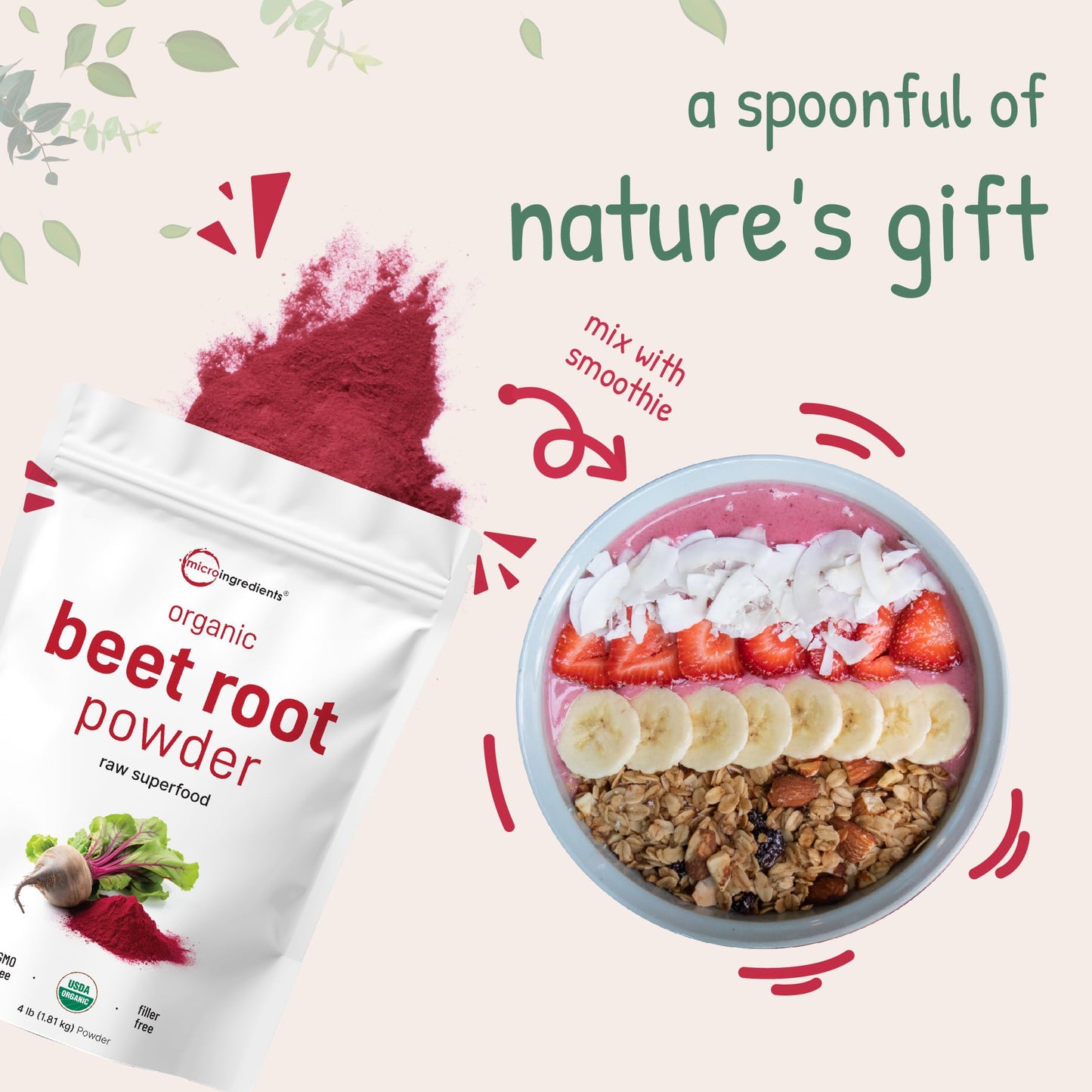 Micro Ingredients Organic Beet Root Powder โ 4 Lbs, Cold-Pressed & Water-Soluble