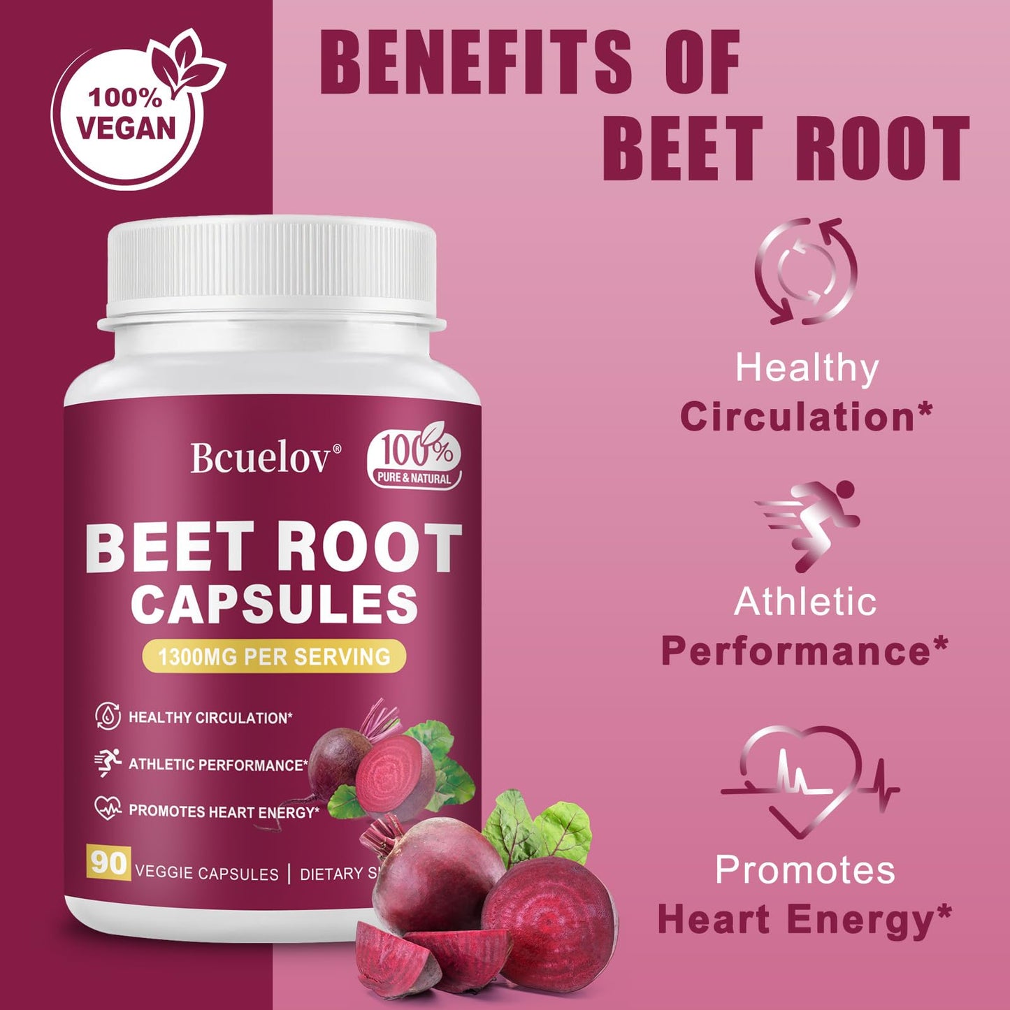 Beet Root Capsules 1300mg โ Pure Beetroot Powder for Energy & Endurance | 90 Capsules