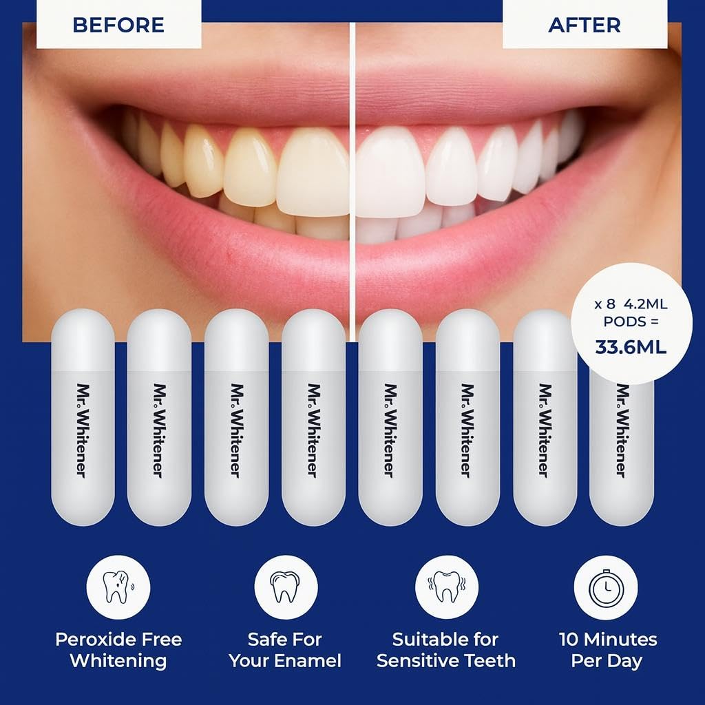 Mr. Whitener LED Teeth Whitening Kit โ Dentists Recommended, Enamel Safe, Sensitive Teeth, 8 Refill Pods (33.6ml)