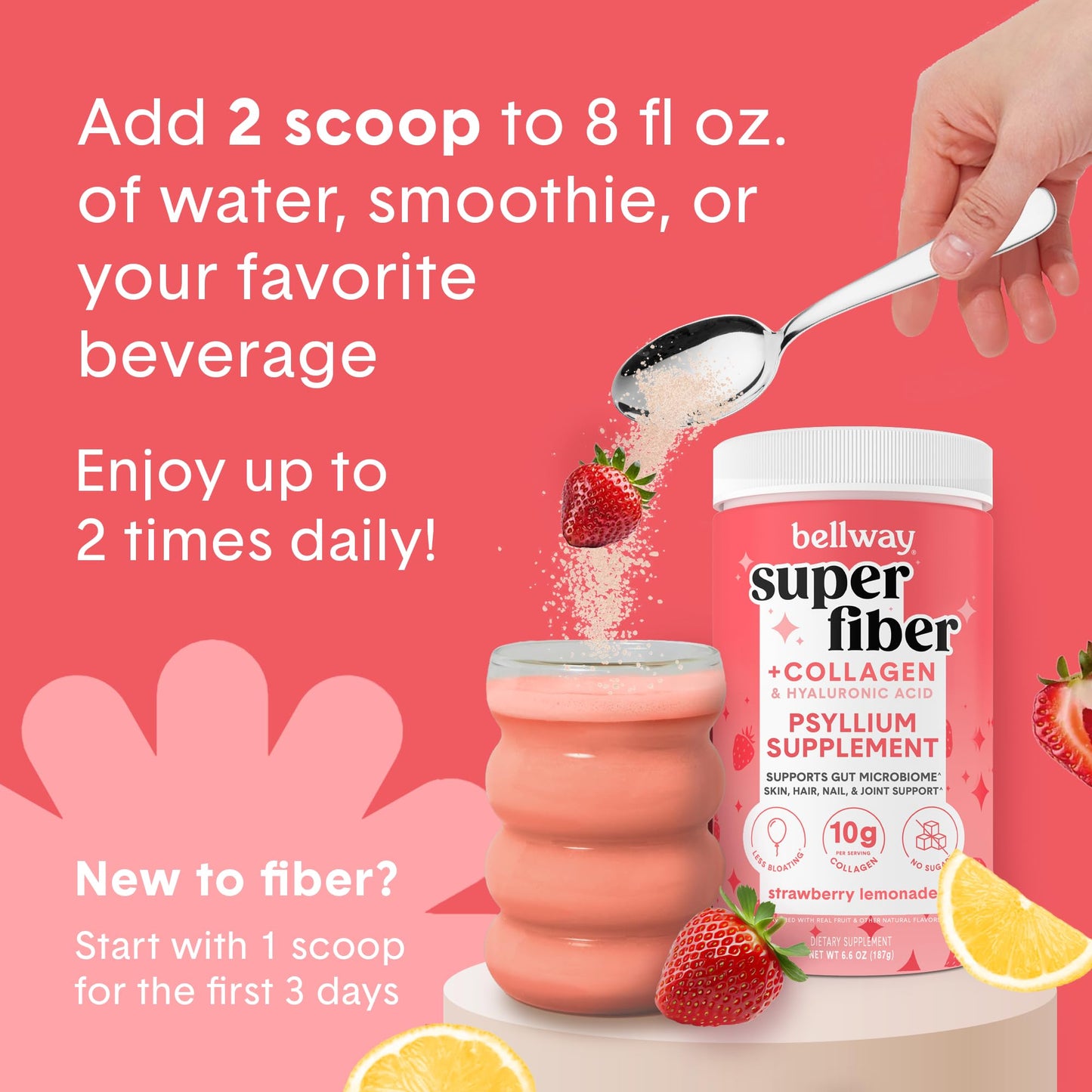Bellway Super Fiber Powder + Collagen β Sugar-Free Psyllium Husk for Gut Health, Skin & Joints (Strawberry Lemonade)