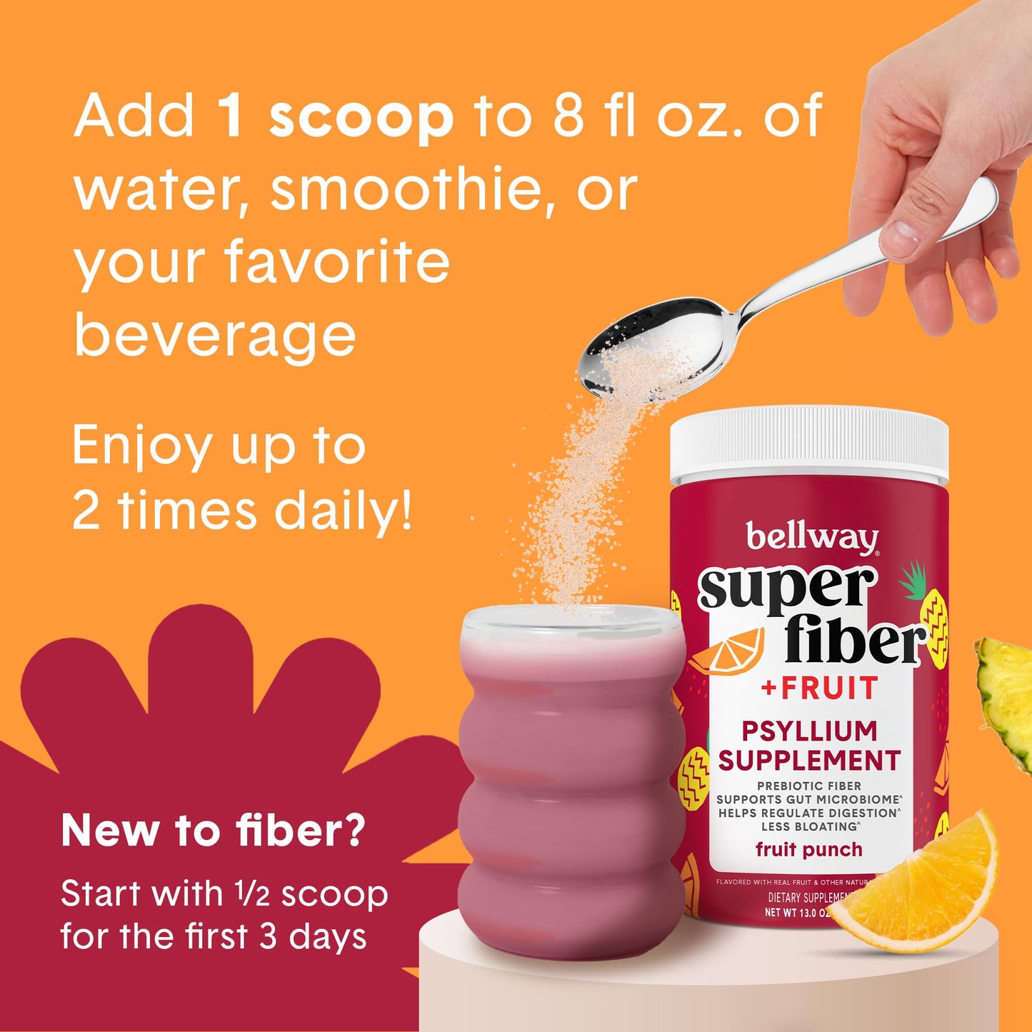 Bellway Super Fiber Powder + Fruit Punch โ Sugar-Free Psyllium Husk, 50 Servings