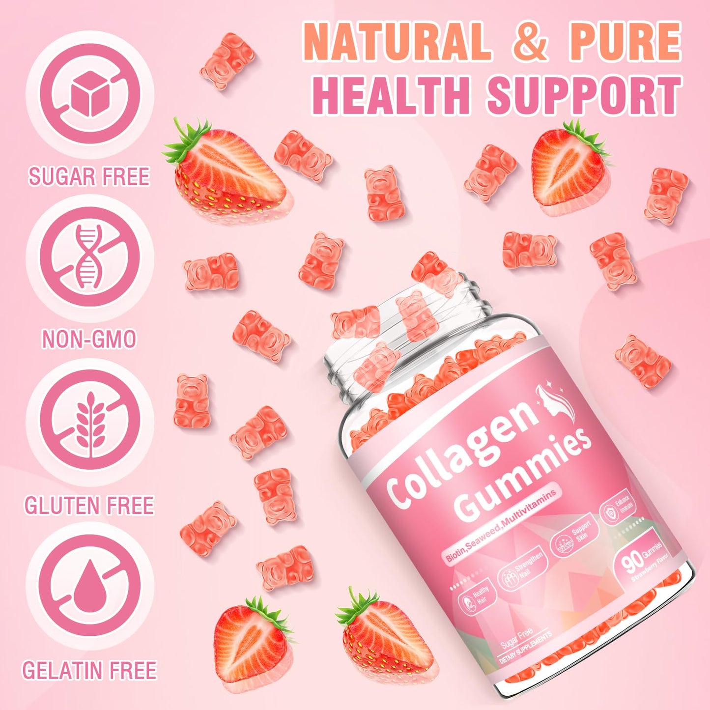 180 Count Collagen Gummies 2500mg โ Biotin, Keratin, Hyaluronic Acid, Strawberry