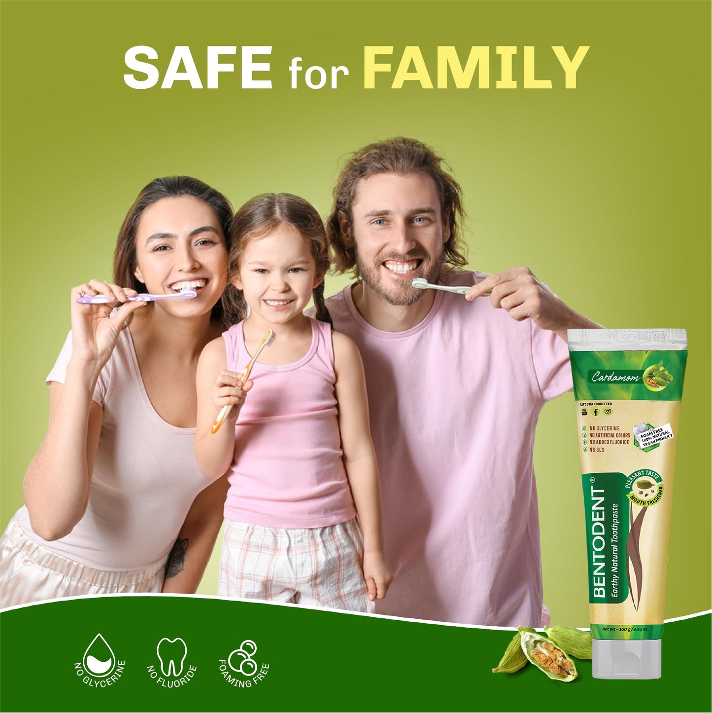 Bentodent Fluoride-Free Remineralizing Bentonite Toothpaste with Cardamom โ Mint-Free, 3.52 oz