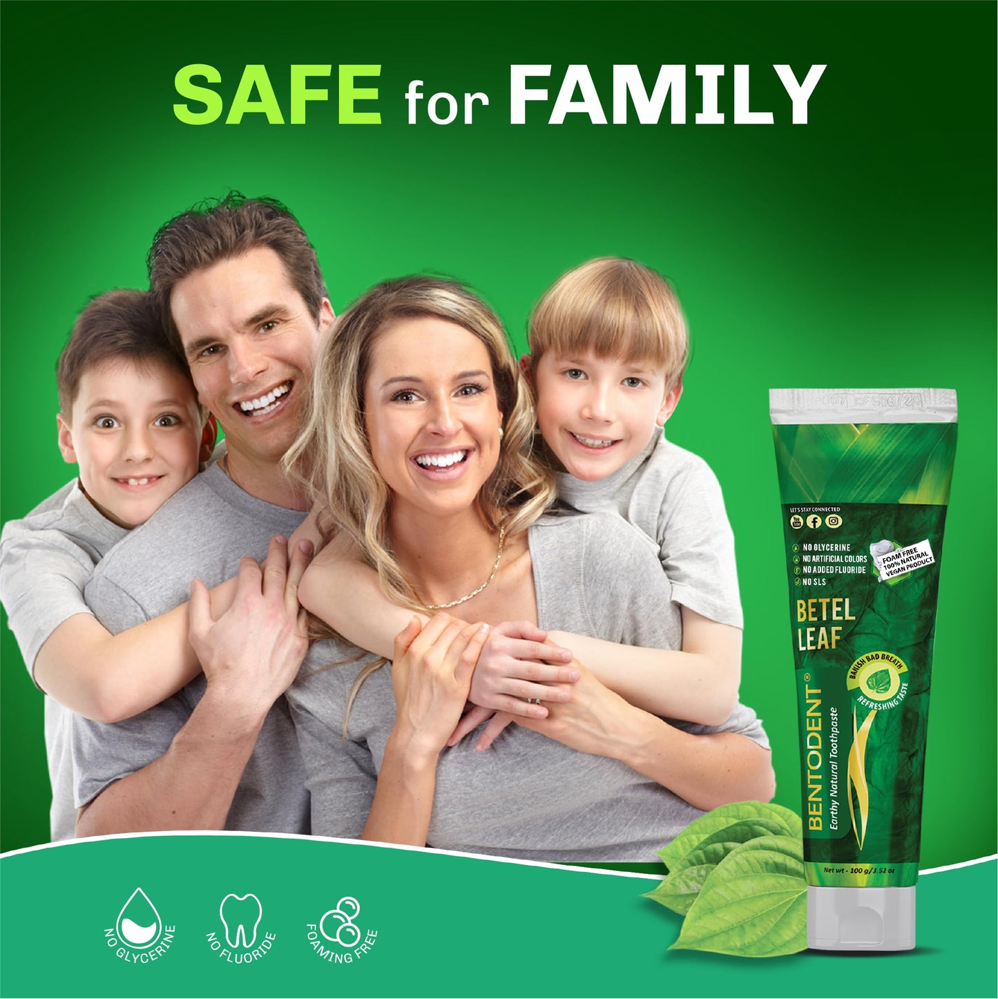 Bentodent Fluoride-Free Remineralizing Toothpaste โ Organic Bentonite Clay & Betel Leaf | SLS-Free, Vegan