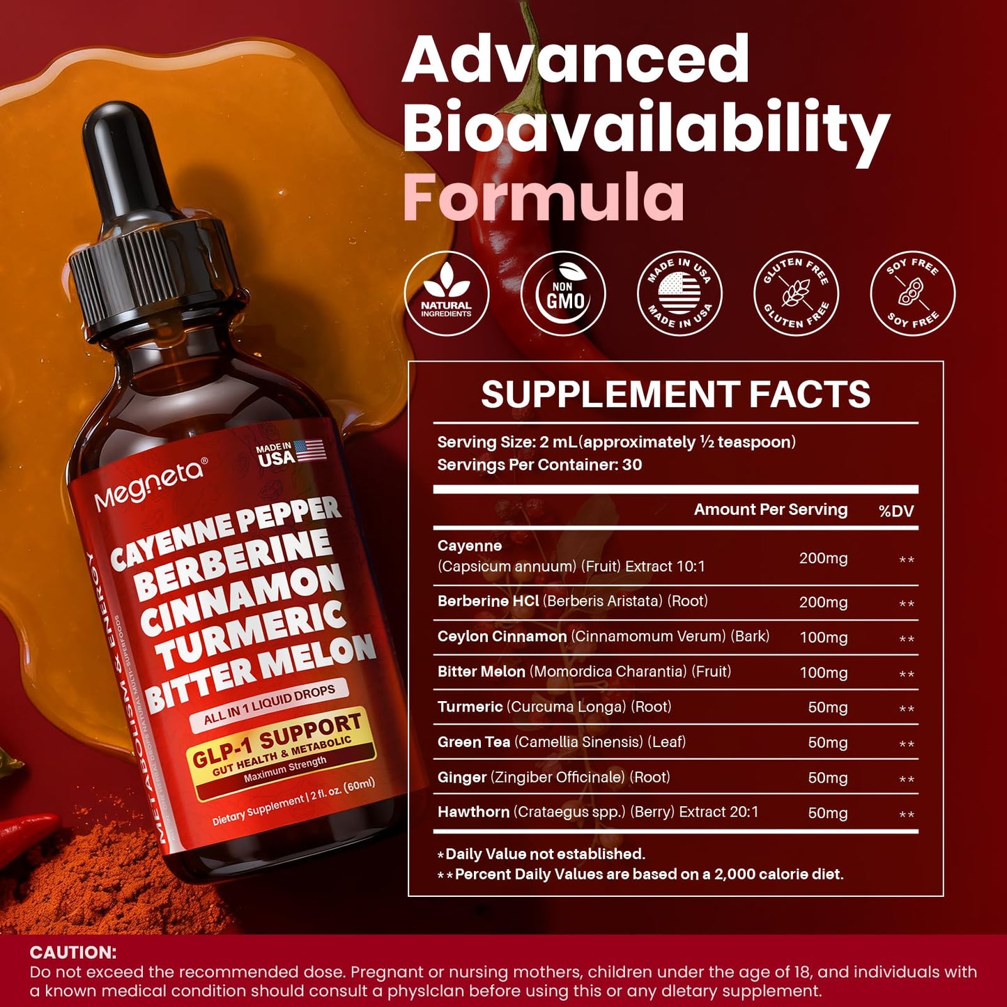 Berberine with Ceylon Cinnamon & Cayenne Pepper Liquid Drops โ Digestive & Immune Support, GLP-1 Boost, 2 oz