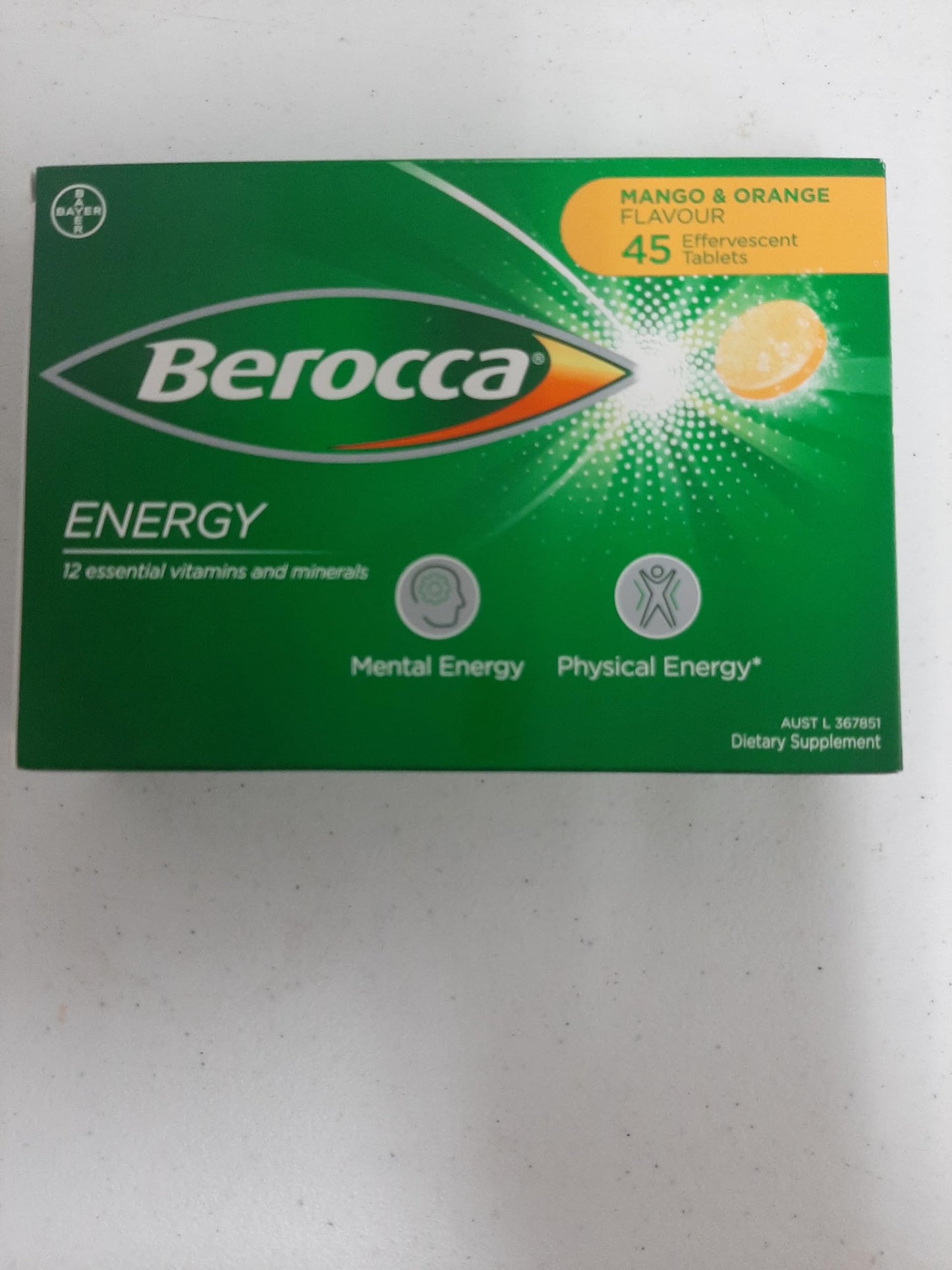 Berocca Energy Mango-Orange Flavor Effervescent Tablets โ Vitamin B & C, 45 Count
