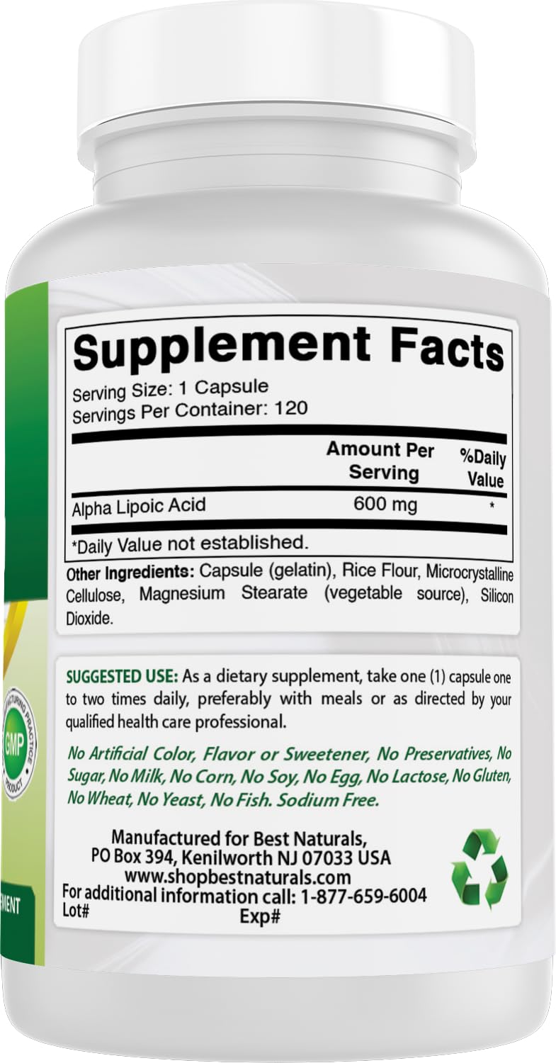 Best Naturals Alpha Lipoic Acid 600 mg | 120 Count (Pack of 2) โ Non-GMO, Gluten Free