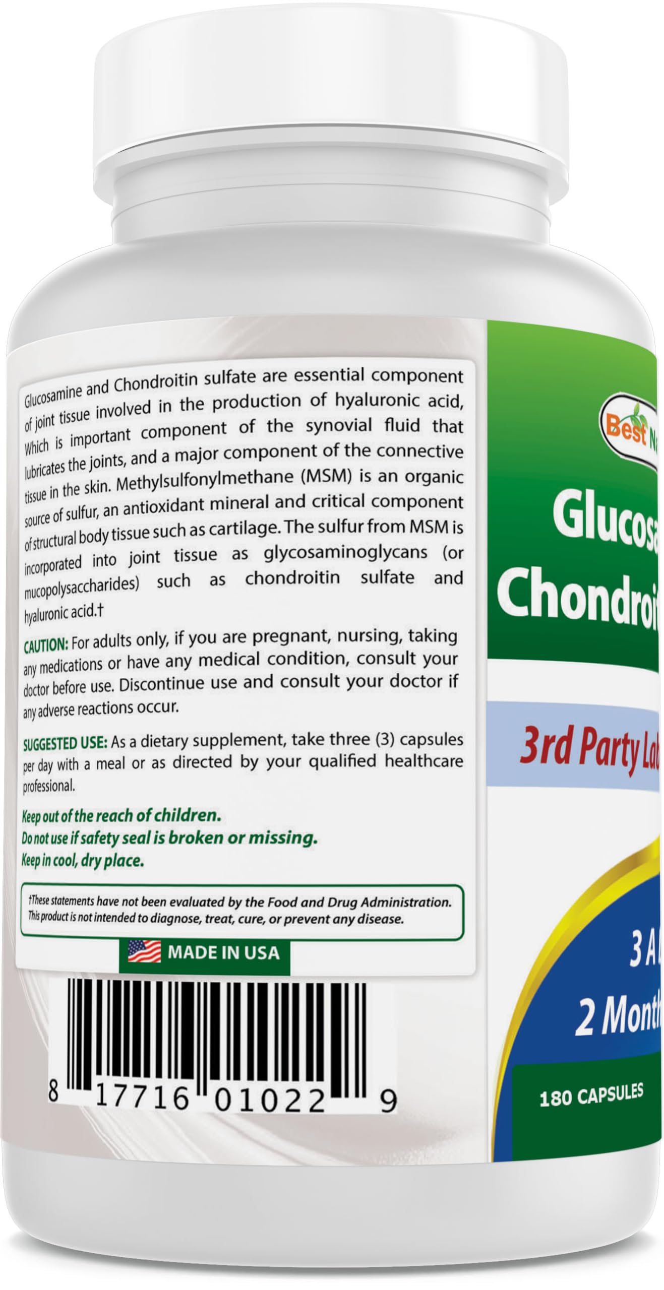 Best Naturals Glucosamine Chondroitin MSM Joint Supplement β 2600 mg/Serving, 180 Capsules per Bottle, Pack of 3