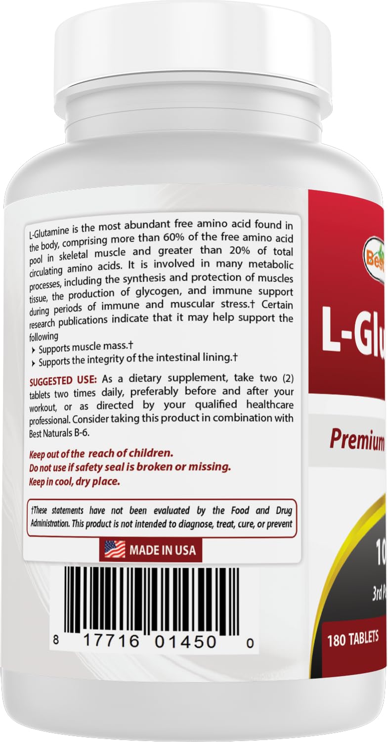 Best Naturals L-Glutamine 1000mg โ 180 Count (Non-GMO) Tablets