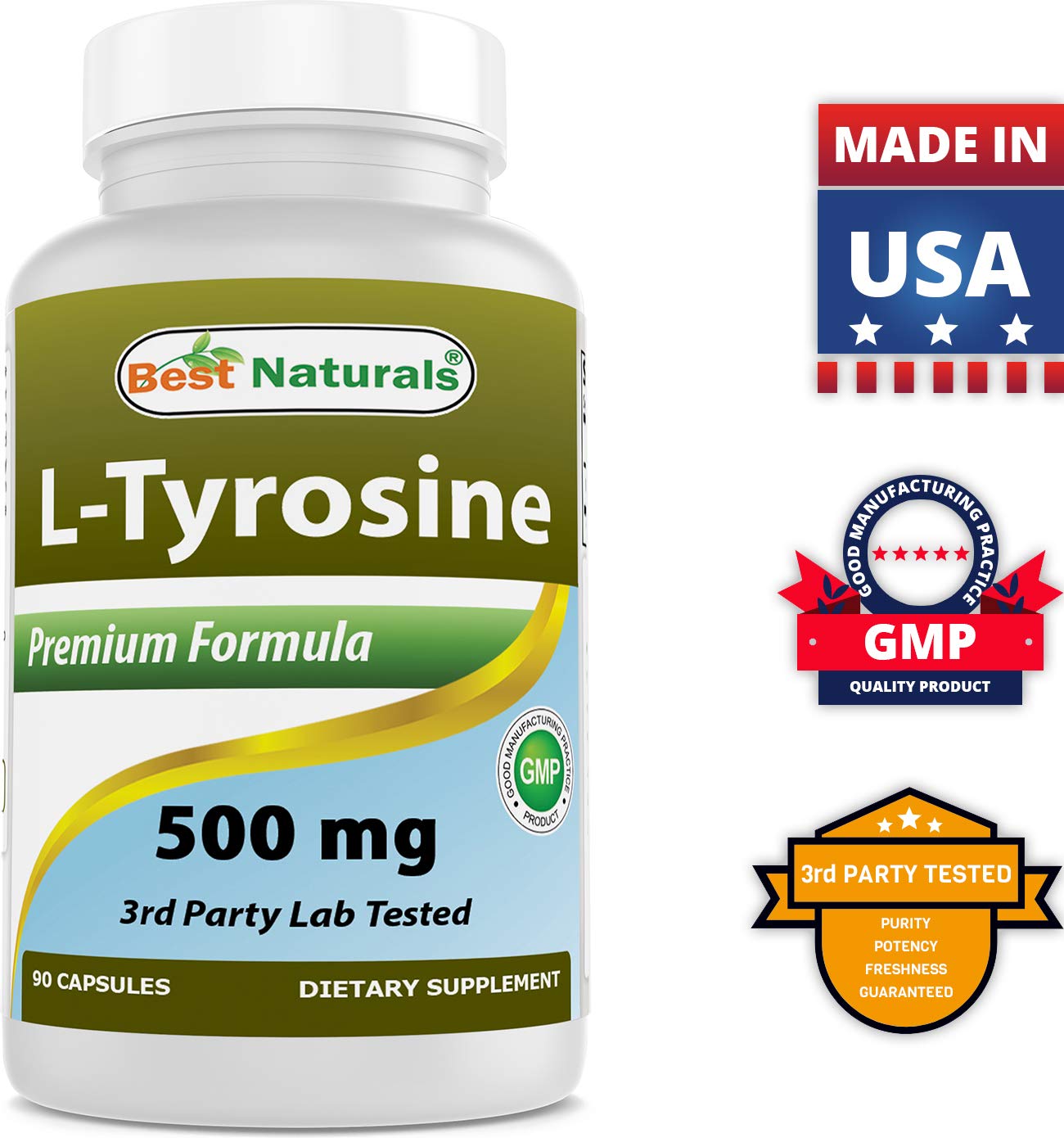 Best Naturals L-Tyrosine 500 mg โ 90 Capsules (Pack of 3)