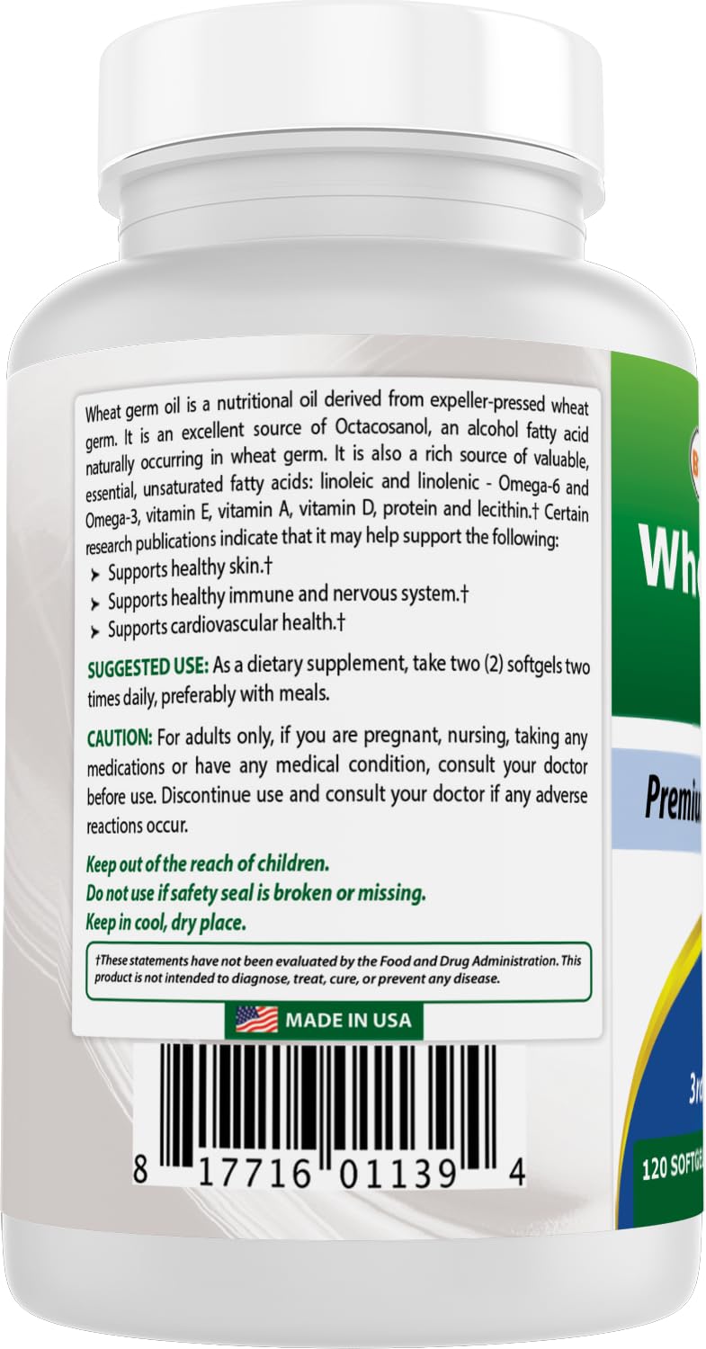 Best Naturals Wheat Germ Oil 1130 mg 120 Softgels (Pack of 2) โ GMP Certified, Made in USA
